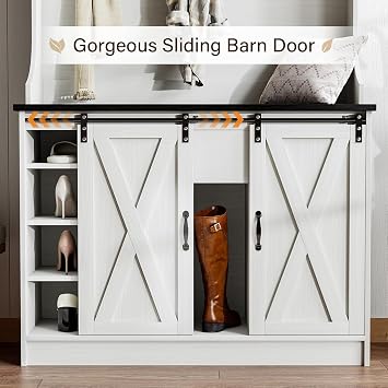 4ever2buy Farmhouse Hall Tree with Bench & Shoe Storage, White