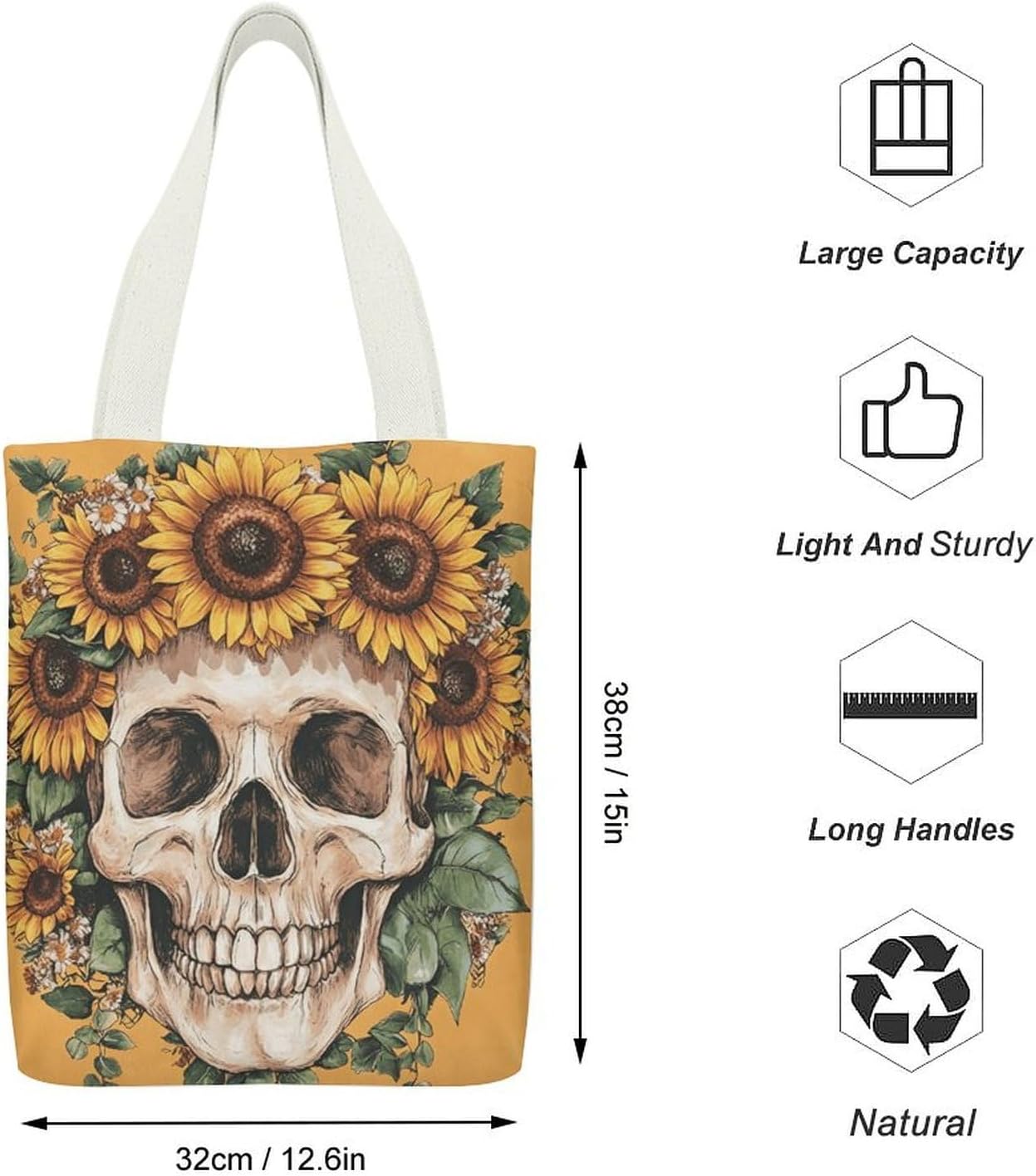 Sunflower Skull Canvas Tote Bag Shoulder Bag Handbag image 4