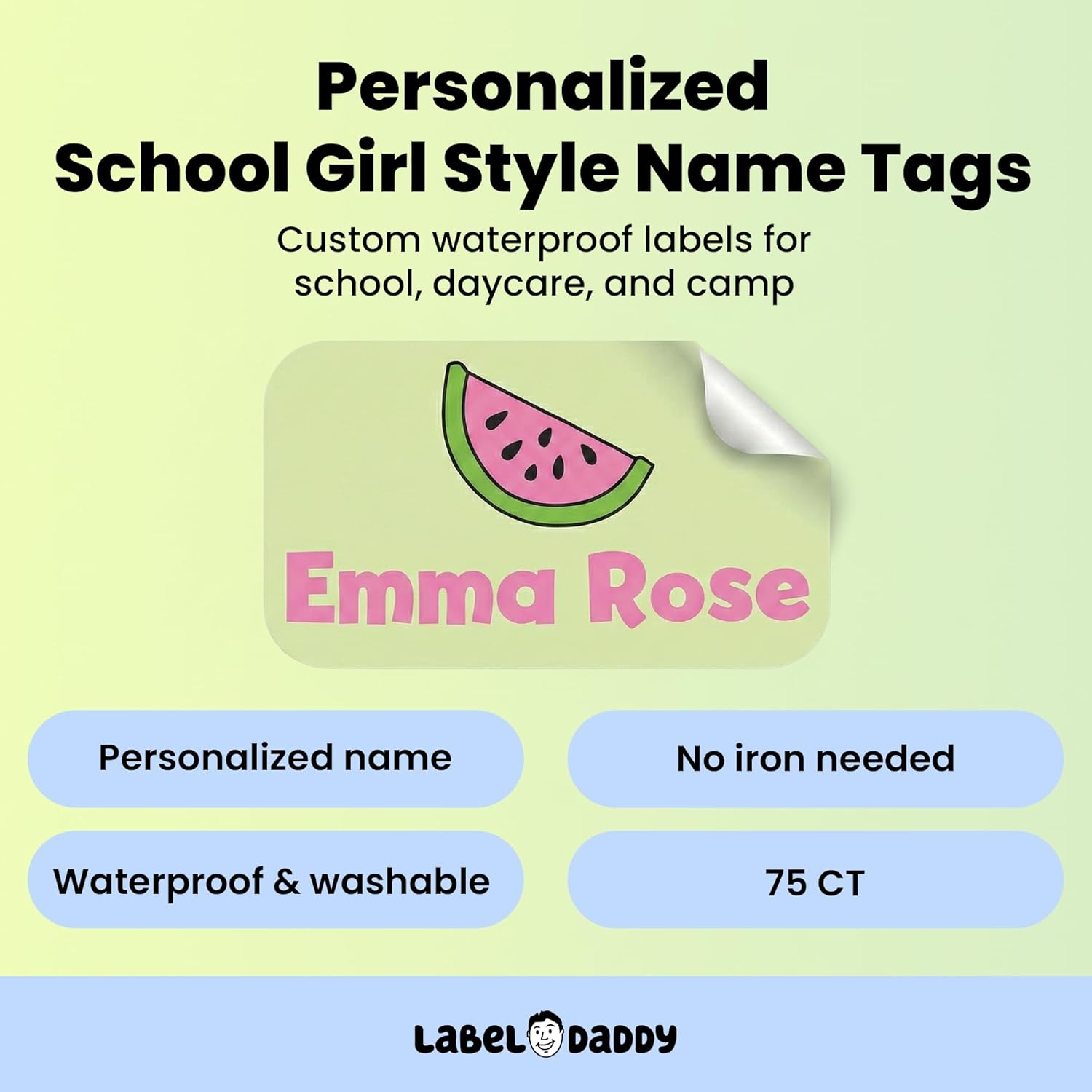 Label Daddy Custom Name Labels for Girls – Waterproof Personalized Name Tags for Daycare, School & Camp - No Iron Needed - Extra Small Labels for Bottles, Backpacks & More – Watermelon Design | 75 Ct