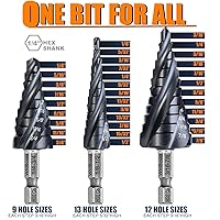 Vista 2 de Juego de brocas escalonadas M35 de 1/8 a 7/8 pulgadas (3 piezas), vástago hexagonal de 1/4 pulgadas, diseño de cuatro flautas en espiral, resistente