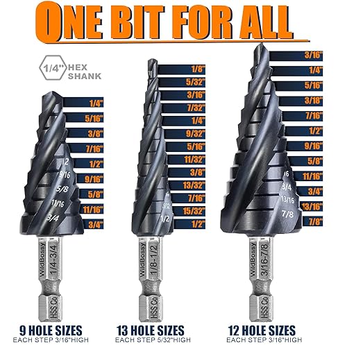 Miniatura 2 de Juego de brocas escalonadas M35 de 14 a 34 pulgadas, vástago hexagonal de 14 de pulgada, diseño de cuatro flautas en espiral, resistente a los