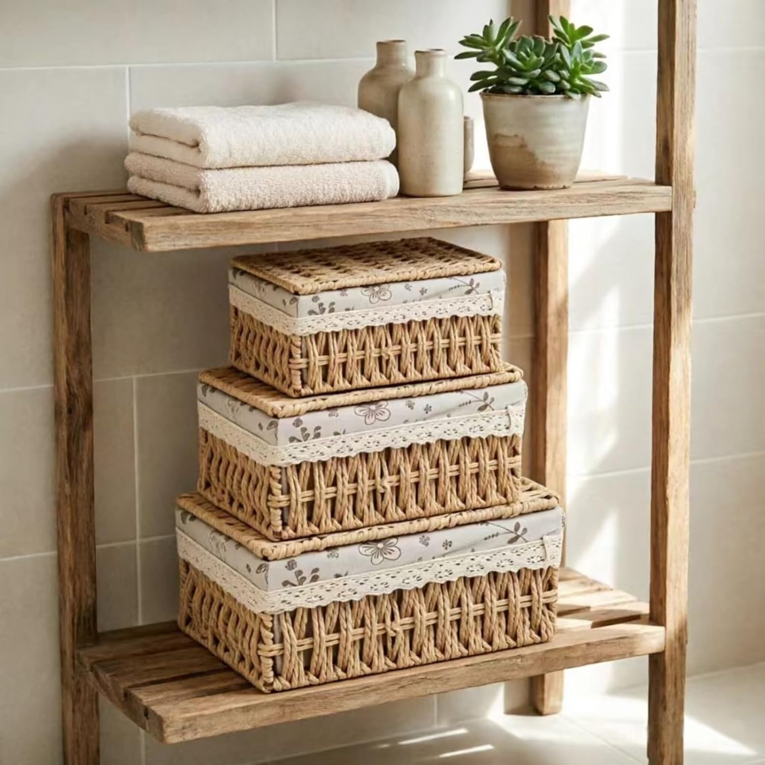 Set of 3 Handwoven Faux Rattan Storage Baskets with Lid - Multi-Size Rectangular Household Storage Boxes, Multipurpose Shelf Baskets for Boho Home Organization image 5