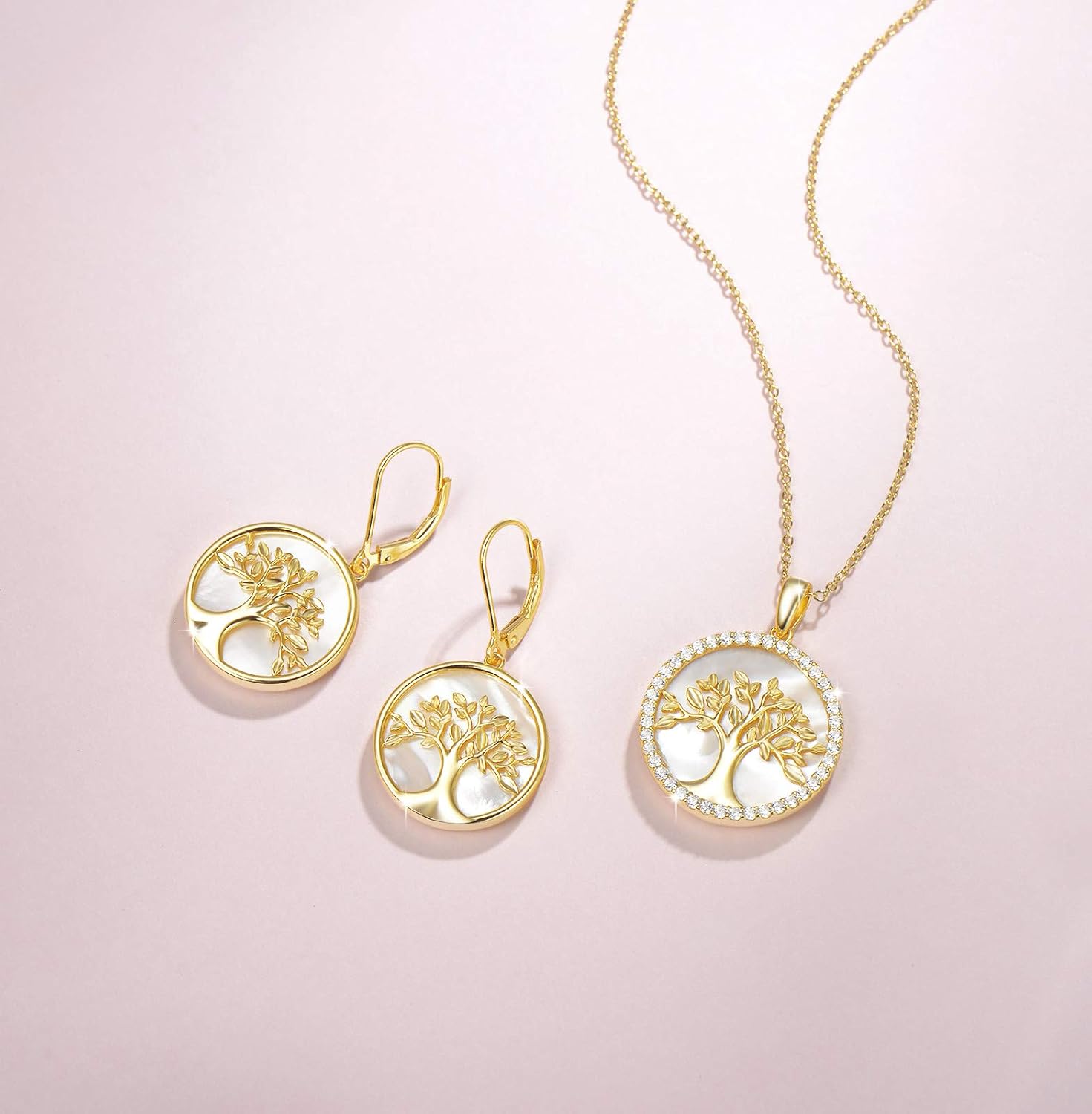 Agvana Gold Tree of Life Necklace Earrings for Women Gold Plated Sterling Silver Genuine Mother of Pearl CZ Family Tree Jewelry Anniversary Birthday Gifts for Women Mom Wife - Image 4