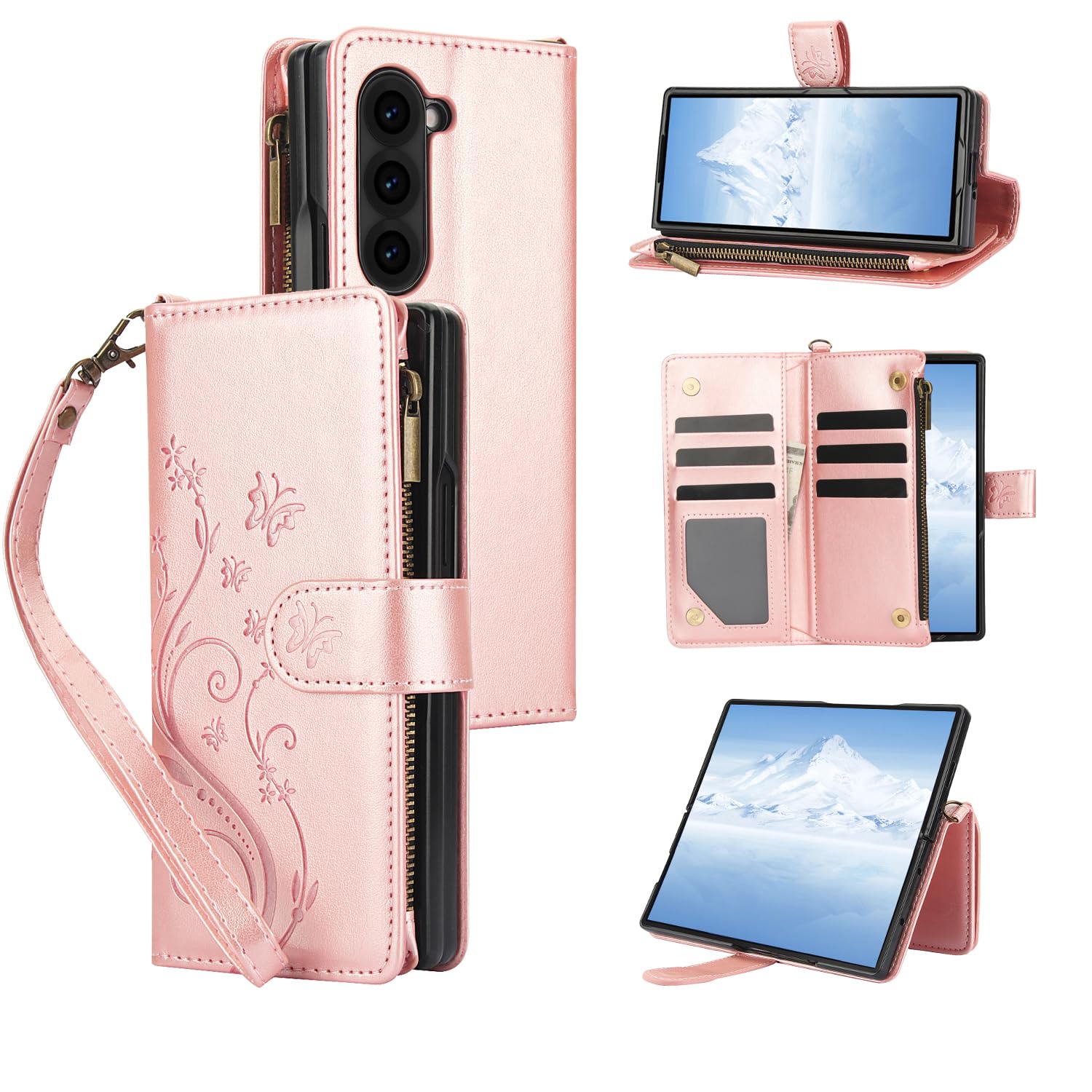 Asuwish Phone Case for Samsung Galaxy Z Fold 6 5G 2024 Wallet Cell Cover with Wrist Lanyard Strap Flower Flip Zipper Credit Card Holder Slot Stand ZFold6 Z6 G Fold6 6Z Women Girls Rose Gold