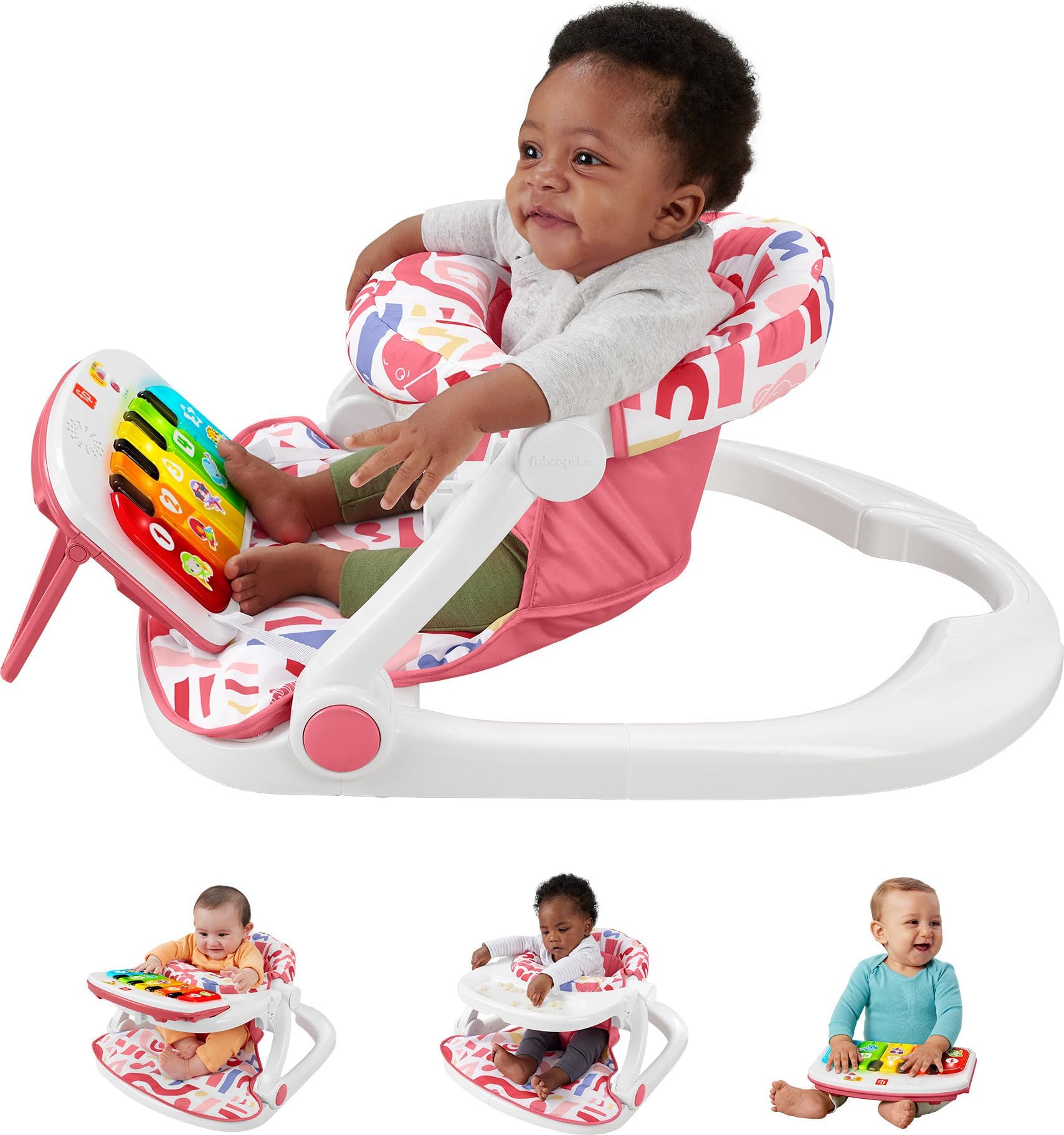 Fisher-PricePortable Baby Chair, Pink Kick & Play Deluxe Sit-Me-Up Seat with Piano Learning Toy & Snack Tray for Infants to Toddlers