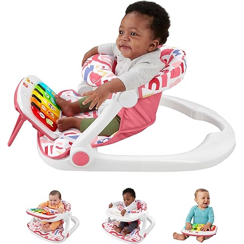 Fisher-Price Portable Baby Chair, Pink Kick & Play Deluxe Sit-Me-Up Seat with Piano Learning Toy & Snack Tray for Infants to Toddlers