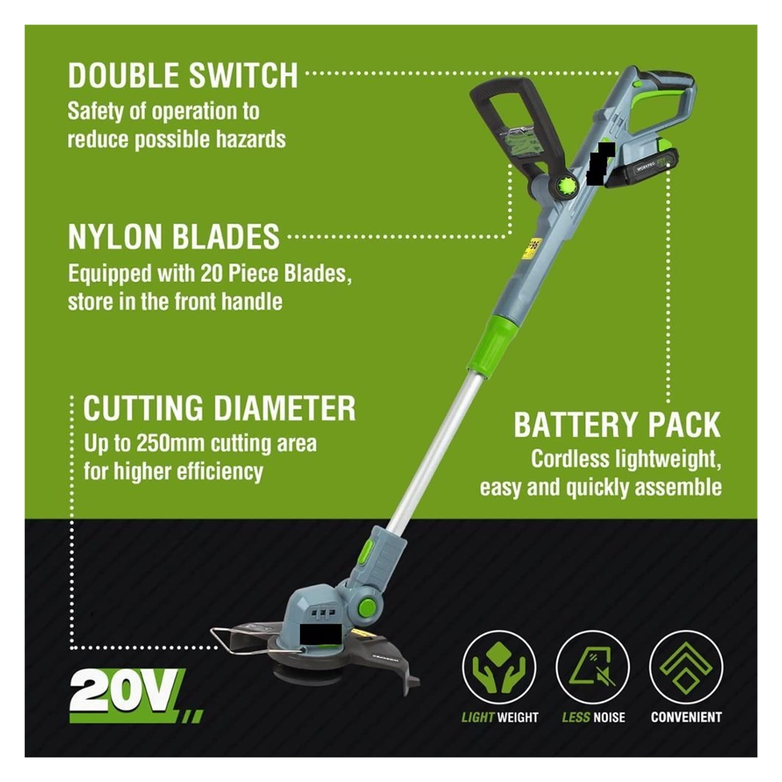 Cortasetos, Cortador de poda de jardín Tools20V Cortacésped eléctrico Cortacésped inalámbrico Cuerda de liberación automática con 20 cuchillas de repuesto
