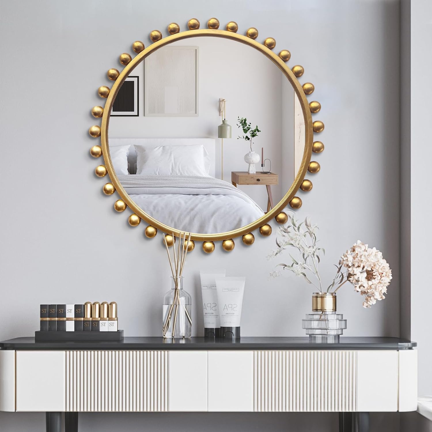 30 inch Gold Round Mirror, Antique Decorative Wall Mirror with Ornate Beaded Frame, Large Circle Vanity Mirror for Bathroom, Living Room, Bedroom, and Entryway