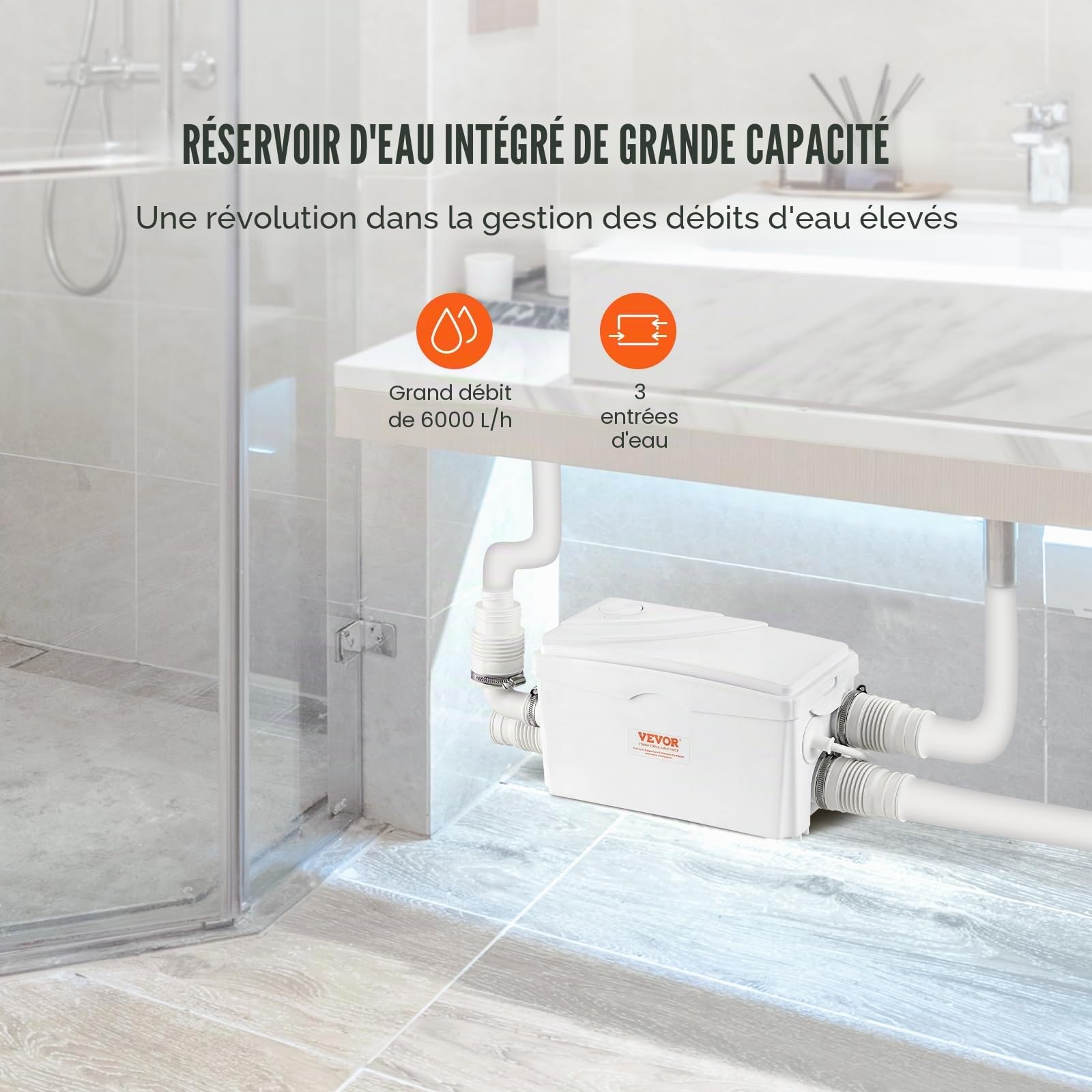 VEVOR Système de levage 350 W Débit 6000 l/h Hauteur de refoulement 7 m Pompe à eaux usées avec 3 entrées d'eau pour cave, cuisine, évier, douche, baignoire, évacuation des eaux usées du linge,