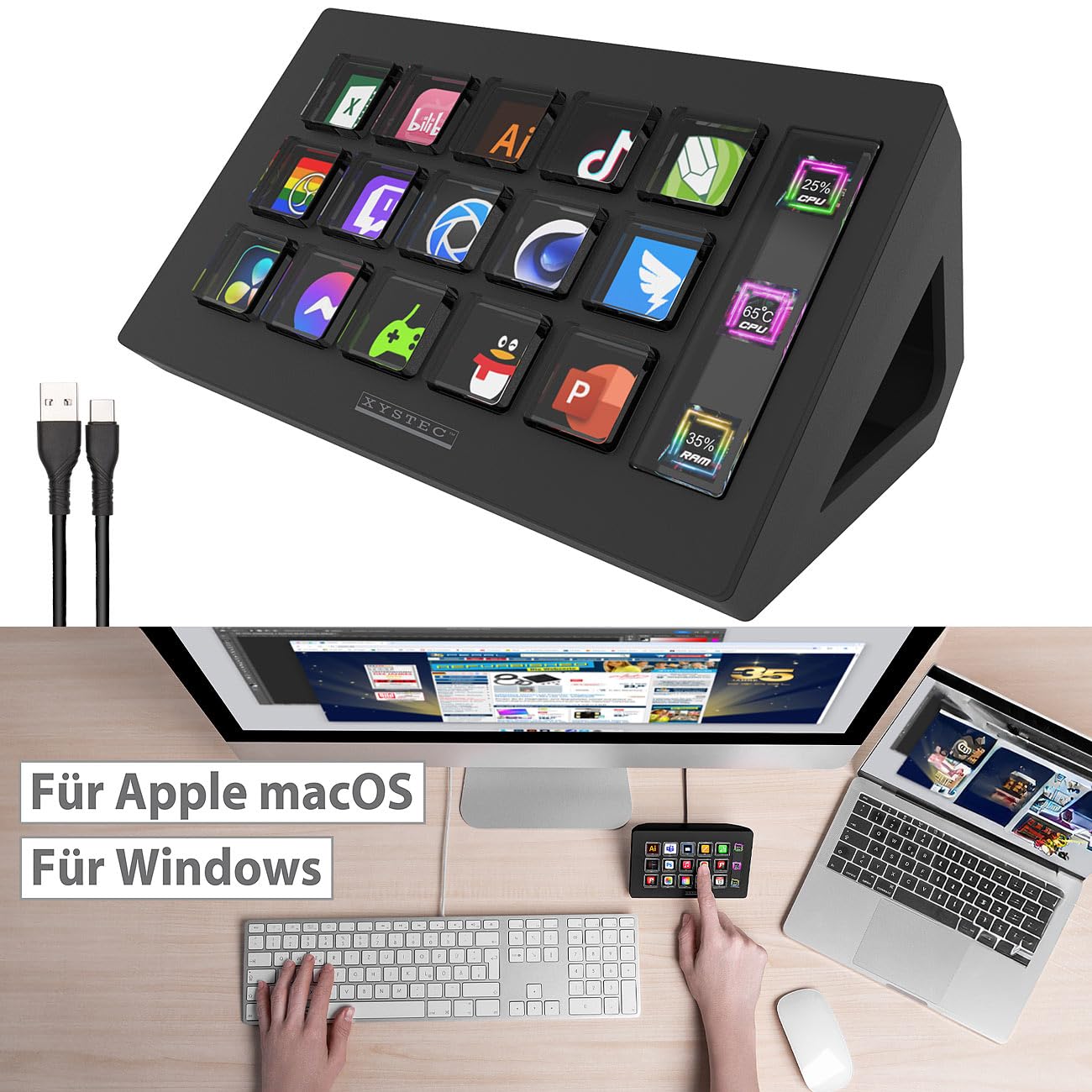 Xystec Software Controller: Stream-Controller mit 15 LCD-Display-Tasten, Office & Gaming, schwarz (Live-Stream, Studio, Key)