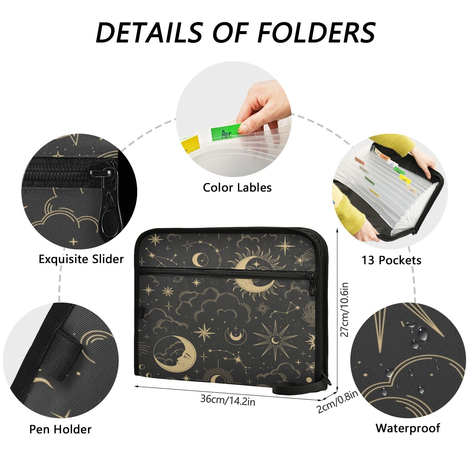 Magic Boho Sun Constellation Moon File Organizer 13 Pocket Expanding File Folder with Front Pouch Portable Business Fire Storage Document Organizer Folder with Zipper - Image 3