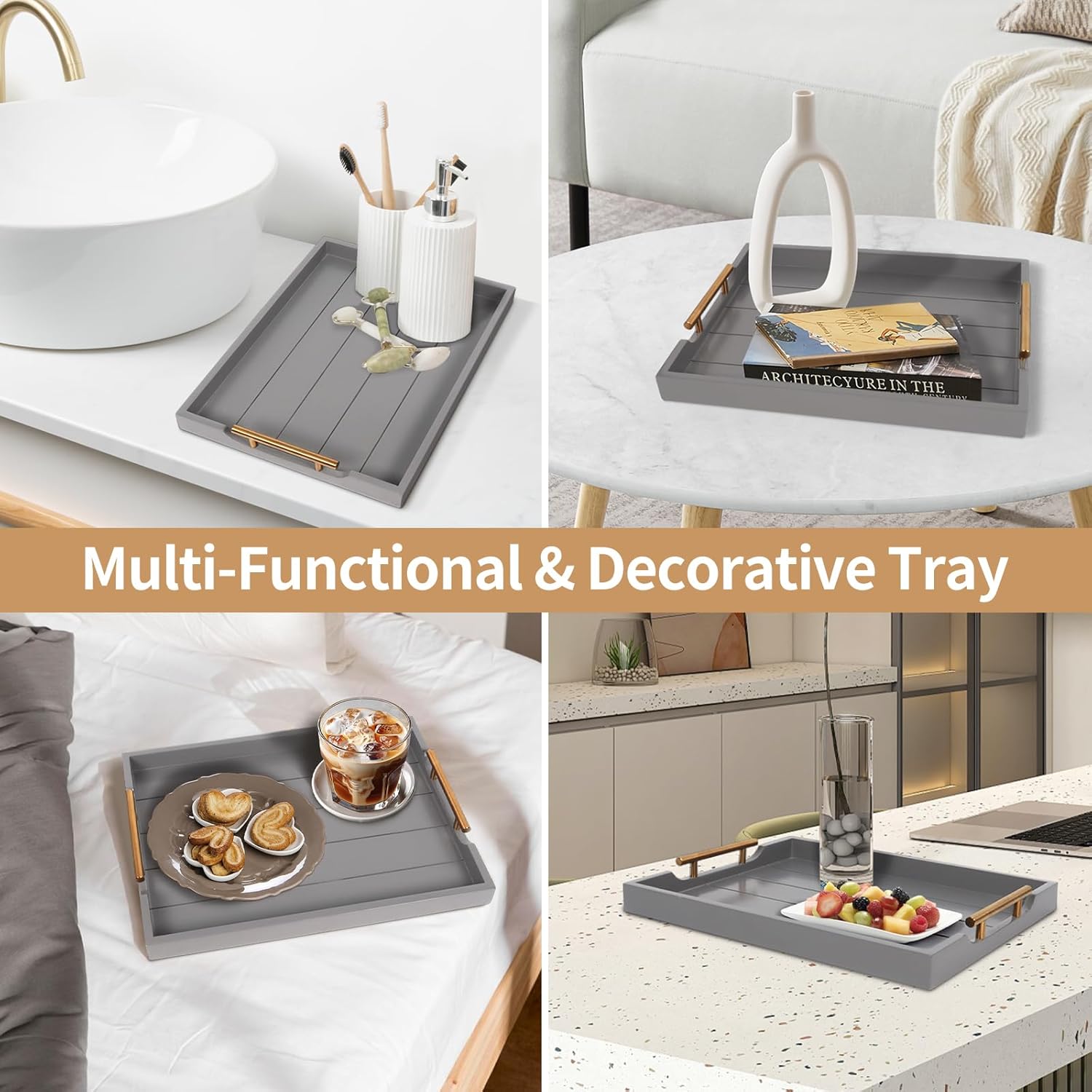 Wooden Serving Tray with 2 Sets of Handles,Large Ottoman Tray for Living Room, Rectangular Wood Tray for Coffee Table, Modern Farmhouse Kitchen Decor, 4 Round Coasters Included,Gray - Image 9