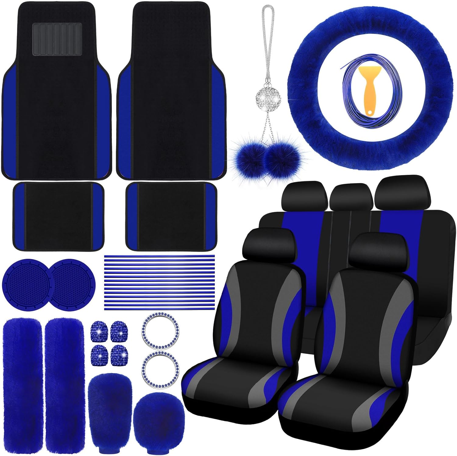 ROCEEI 47 Pcs Car Seat Cover Full Set Car Accessories for Front Rear Seat Fluffy Steering Wheel Cover Belt Automotive Floor Mats Air Conditioner Decoration Strip(Blue)