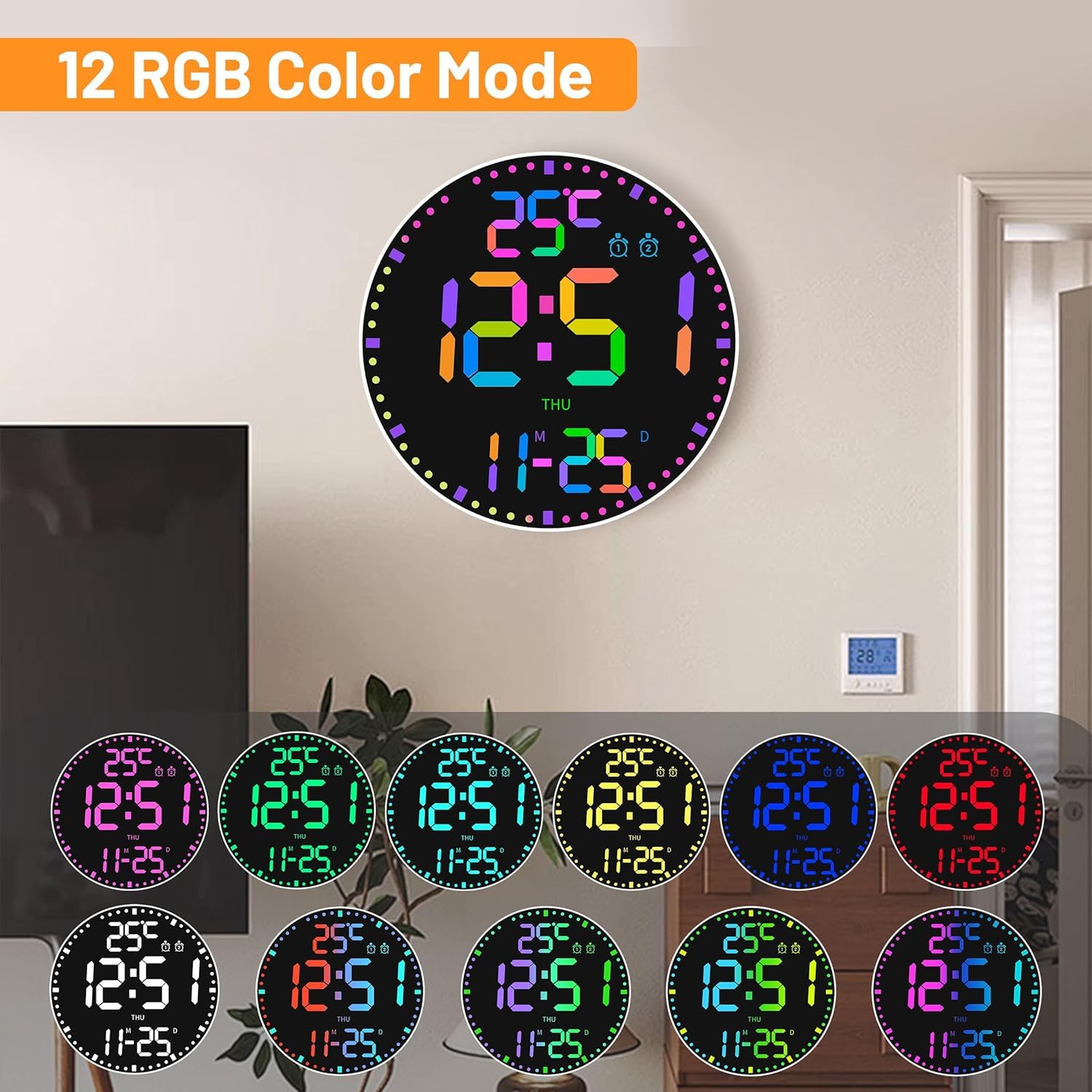 Elecbee Horloge murale numérique de 30,5 cm – Grand écran LED avec rétroéclairage RVB à distance – Réveil calendrier et température (interrupteur C/F), luminosité réglable pour chambre à coucher