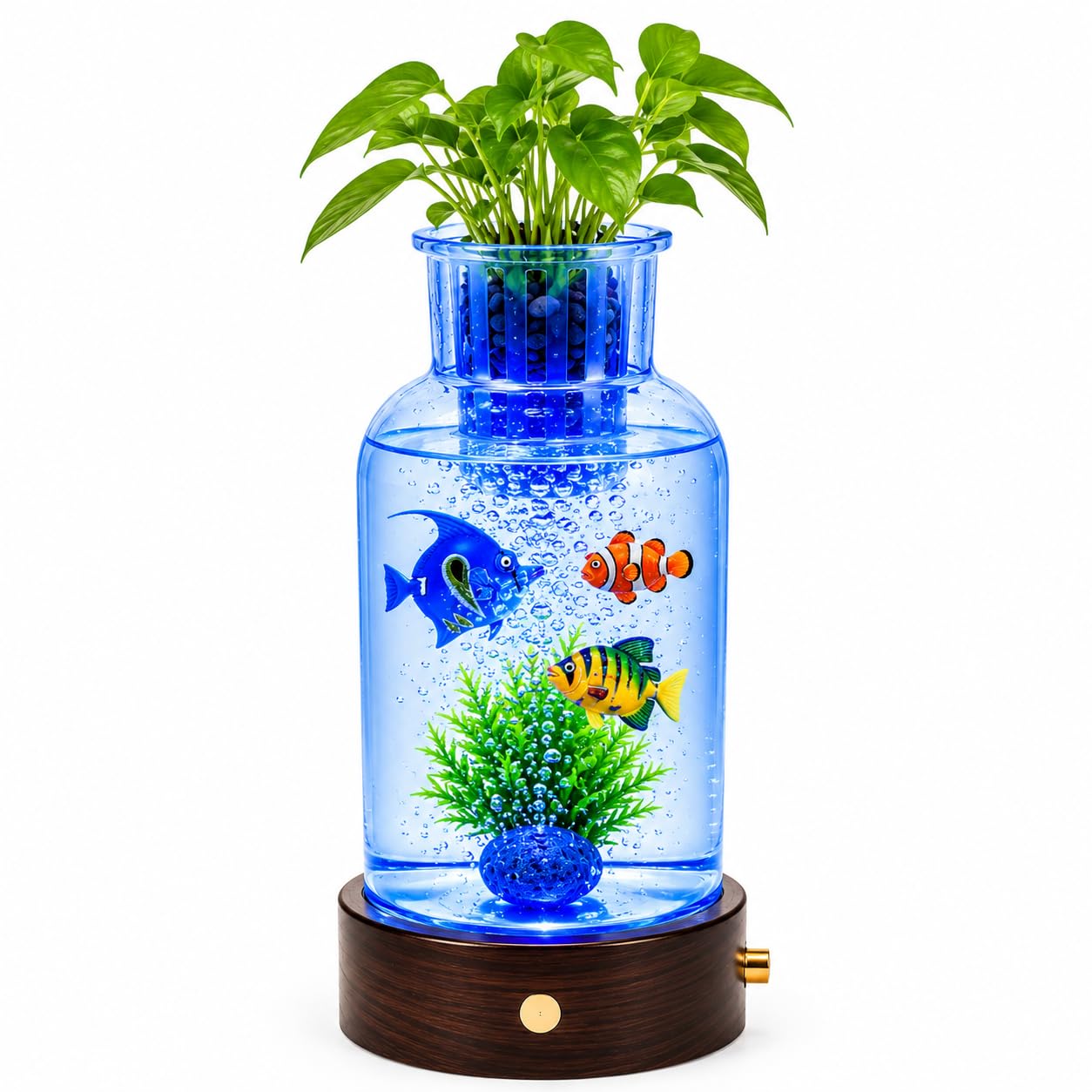 Sensorisches Blasen-Aquarium mit 3 künstlichen Fischen, 16-farbiges Nachtlicht, Mini-Glas-Tank mit künstlichen Pflanzen und Holzsockel, Luftpumpen-Stil, Schreibtischdekoration, Heimdekor, Geschenk für