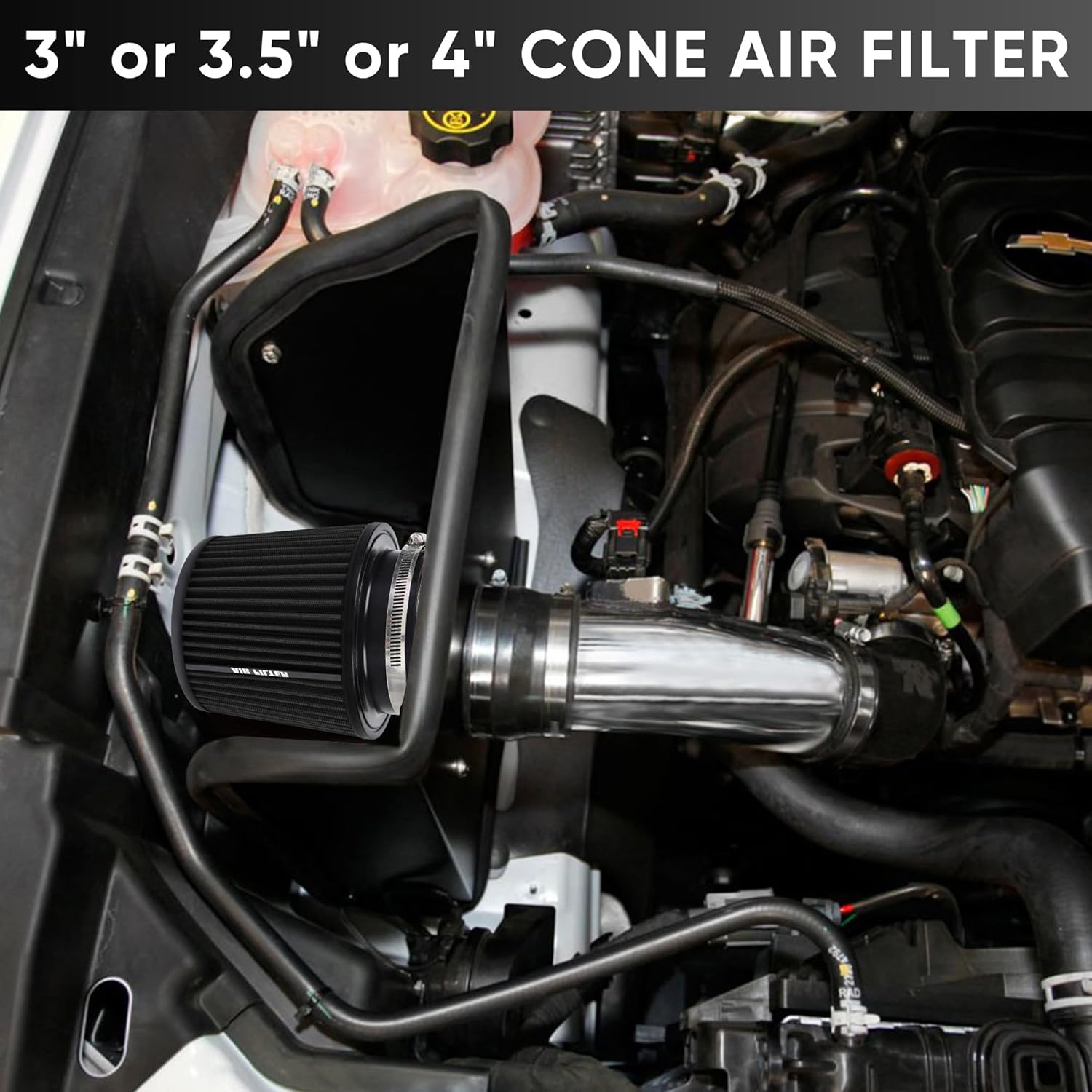 3 3.5 4 Inches Cold Air Intake Filter 76mm 89mm 101mm High Performance Washable Clamp-On Replacement Cone Air Filter 3 in 1 Size Black