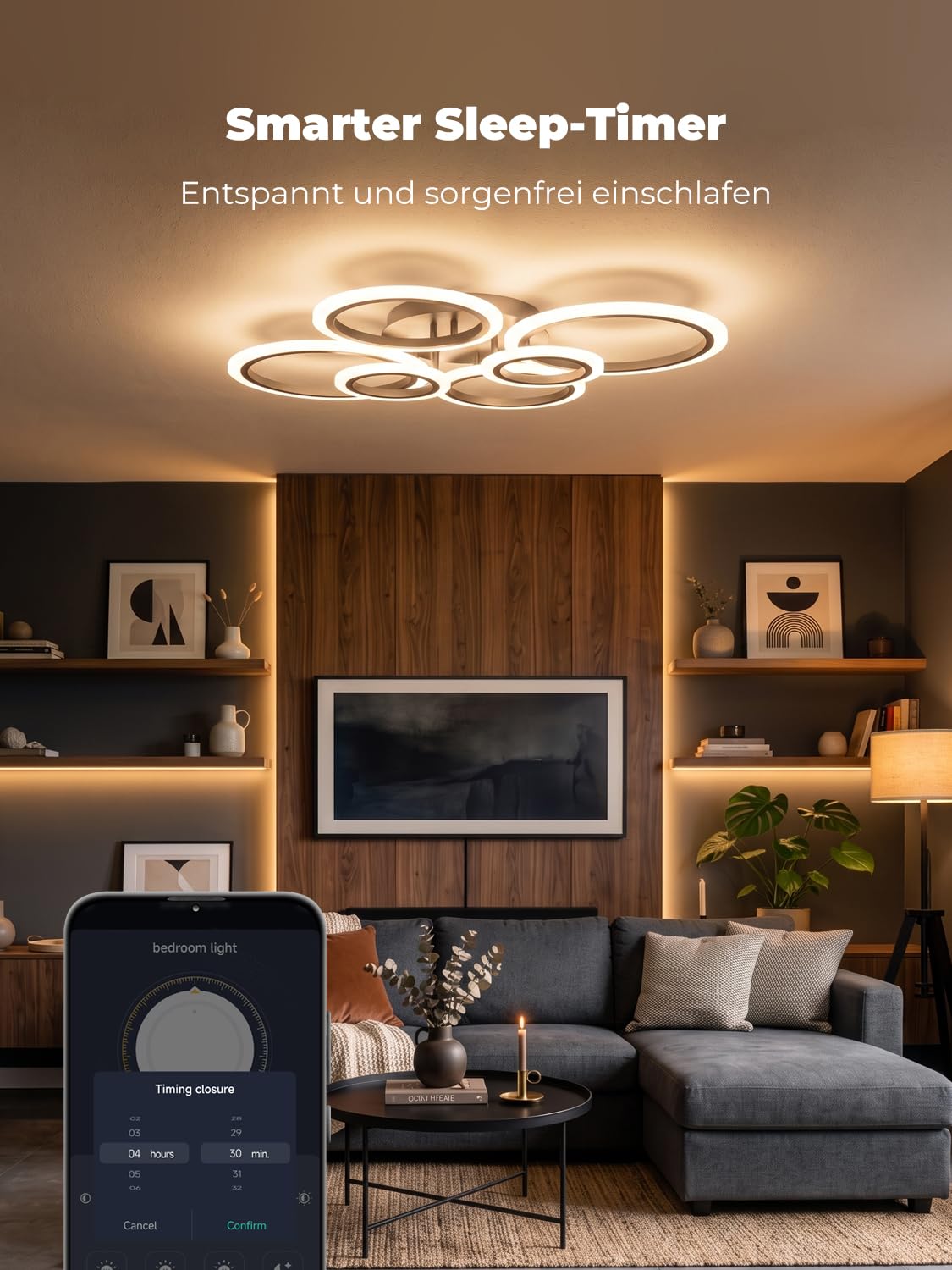 Deckenlampe Led mit Fernbedienung & APP, Decken Lampen mit 6 Ring, Dimmbar, Licht Memory Funktion mit Timer, Moderne Deckenleuchte Rund Wohnzimmer Flur Schlafzimmer, Schwarz