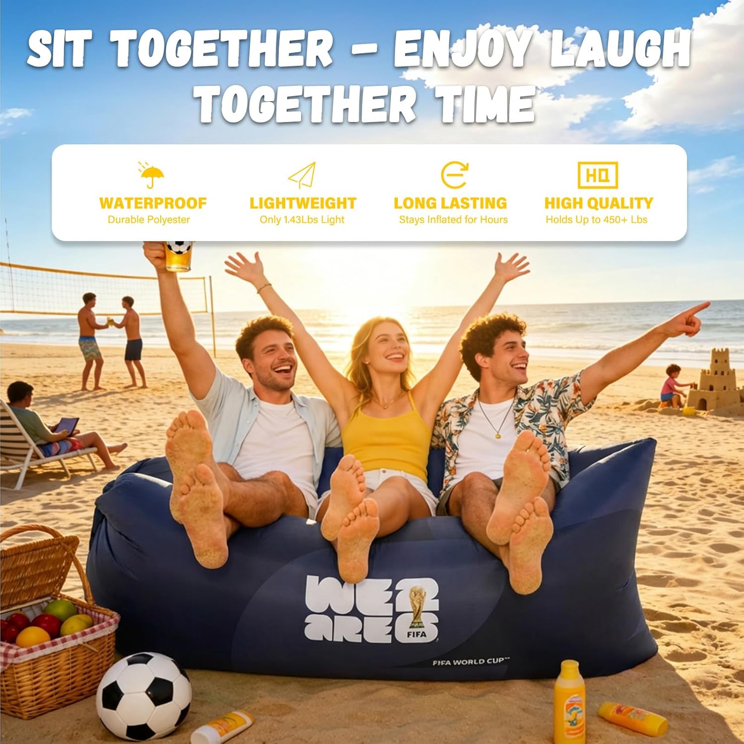 MESUCA FIFA World Cup 2026 Official Edition Inflatable Air Sofa Lounger, No Pump Air Couch for Beach Camping, 450lbs Portable Blow Up Chair, Waterproof 210T Polyester Outdoor Sun Lounge Black