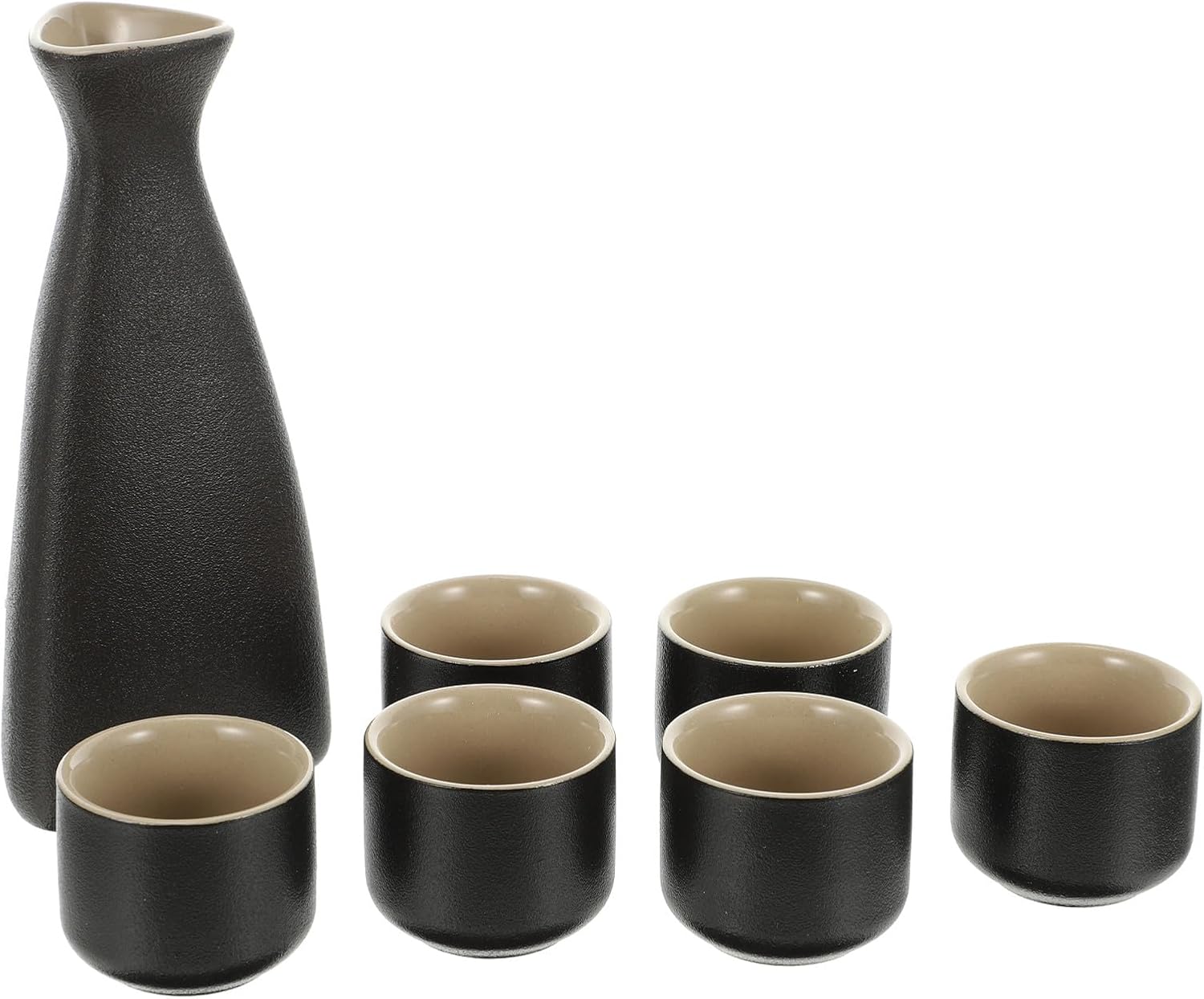 Zerodeko Vintage Japanese-style Ceramic Sake Set 7pcs Frosted Black Triangular Sake Pot with 6 Ceramic Cups for Dining and Entertaining