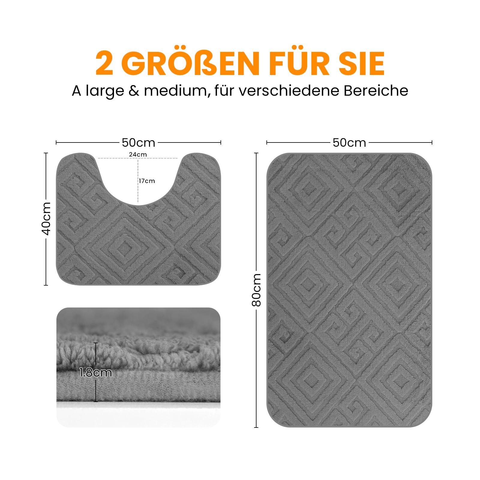 HOMELUX 2BF Lot de 2 Tapis de Bain Antidérapants - Doux et Moelleux, Gris | 40 x 50 cm (forme en U) + 50 x 80 cm (rectangulaire), absorbant l'eau, pour la salle de bain, lavable en machine