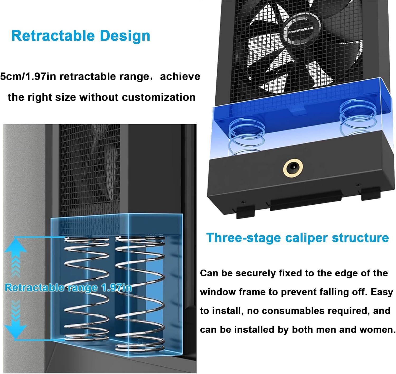 Window Exhaust Fan, Metal Door and Window Fan, No Drilling Required Installation Waterproof Vent Fans, Adjustable Wind Speed AirFlow Fan, 1.97 IN Retractable, for Bedroom Bathroom Kitchen Office