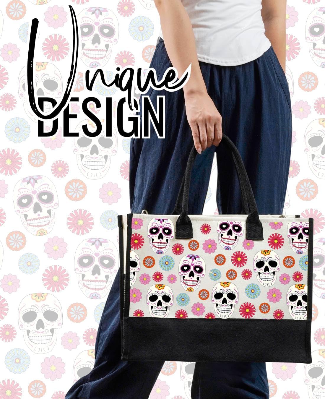 InnoBeta Sugar Skull Gifts Canvas Tote Bag with Top Zipper Closure and Shoulder Strap for Birthday, Mother's Day, Christmas - Image 2