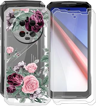 for Doogee V40 Case + 2 Pack Tempered Glass Screen Protector, WXPPJ Full Body Protection Shockproof Case, Ultra-Thin Soft Silicone Phone Case for Doogee V40 6.78" - Rose Flower