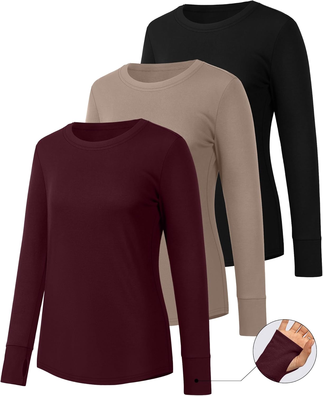 Huukeay 3 Pack Women's Long Sleeve Shirts with Thumb Holes, Cotton Casual Crew Neck Tunic Tops Fall Loose Y2k Trendy Outfits - Image 3