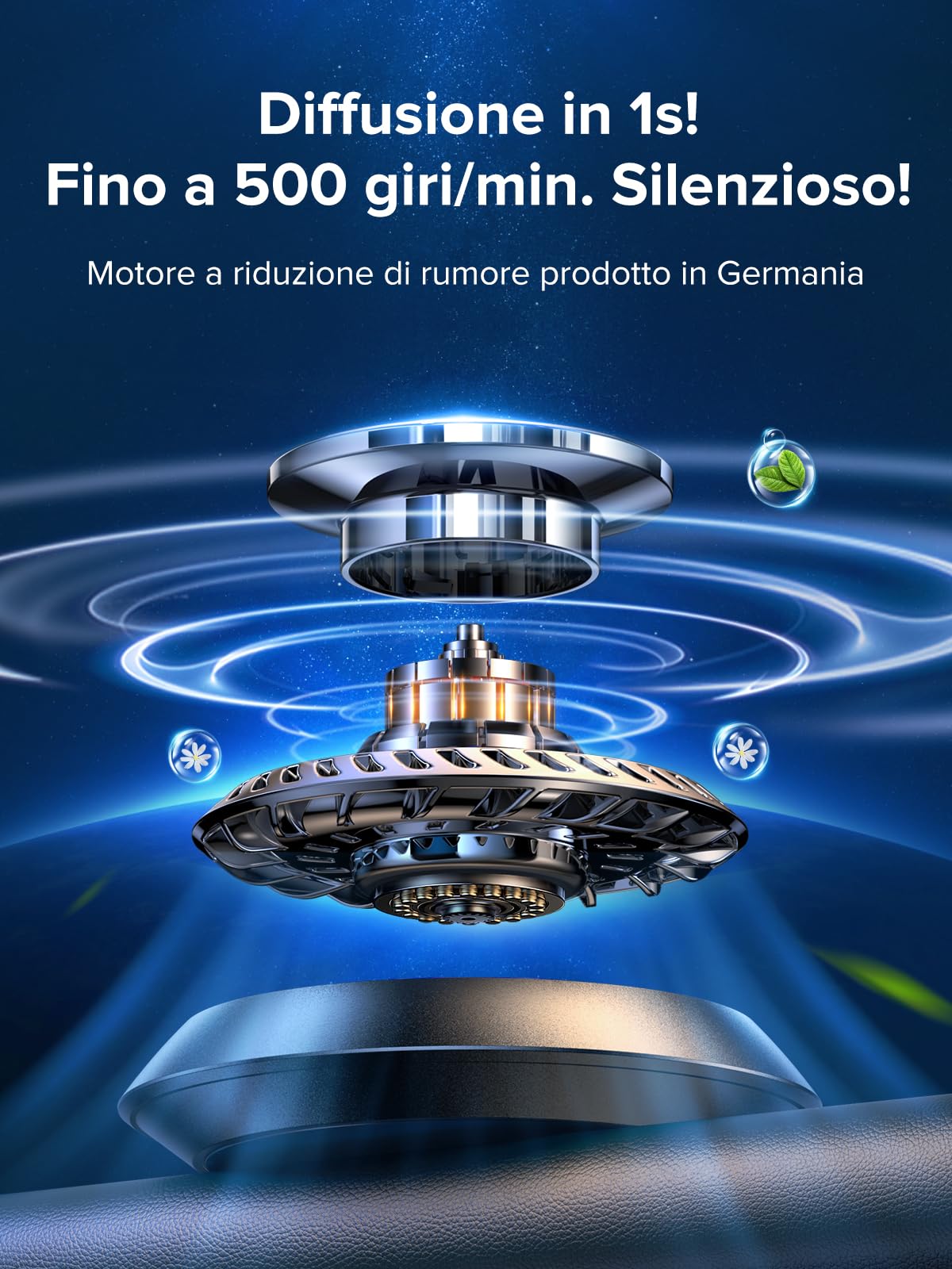 Ceeniu Profumatore Auto F21, Nuovo Modello 2023, Deodorante Solare Rotante, Design UFO in Lega di Alluminio, Silenzioso, Fragranza Fai-da-te, Accessorio Premium, 2 Oli Essenziali Inclusi