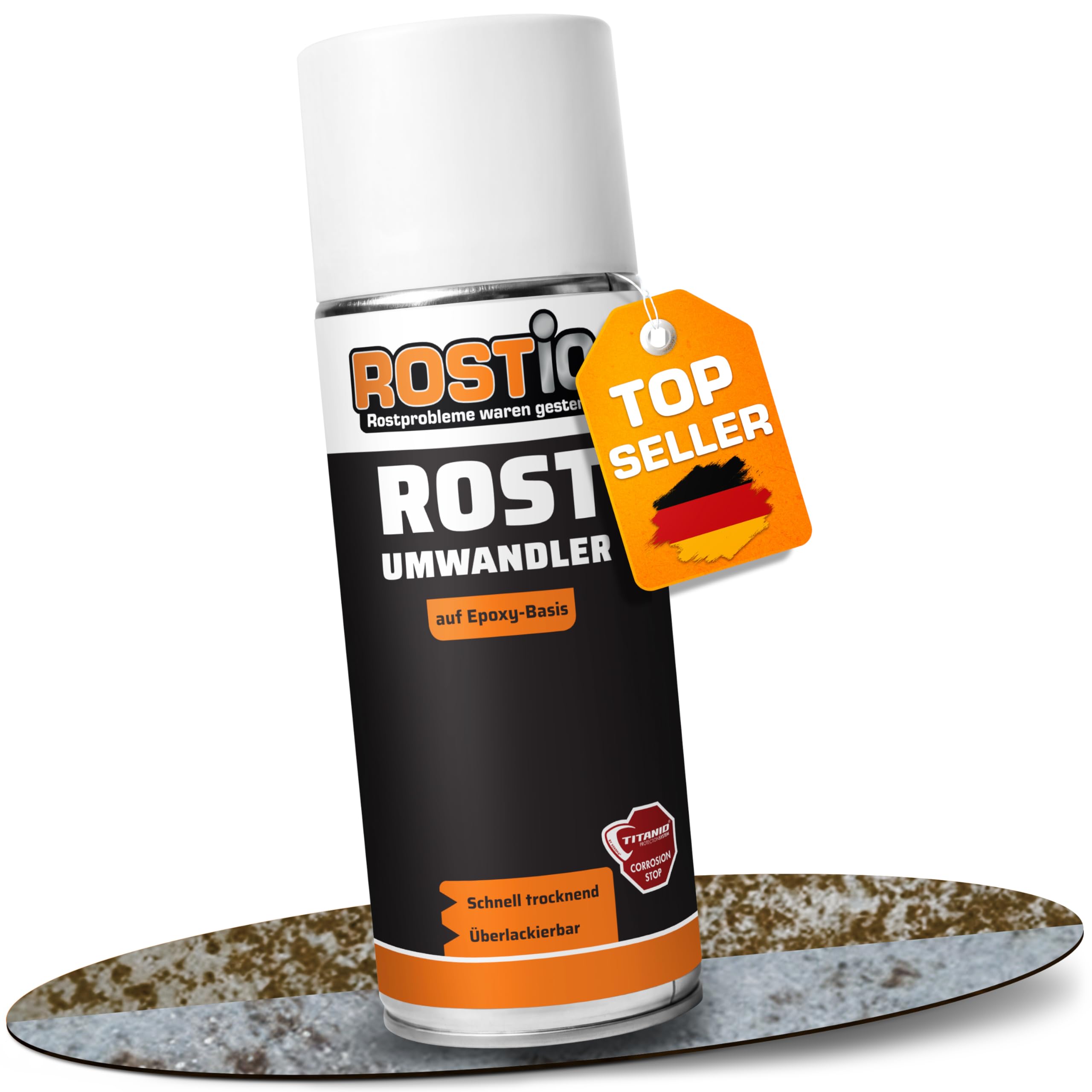 Rostio Rostumwandler Spray 400 ml – Rostkonverter & Korrosionsschutz – farblos – überlackierbar nach ca. 120 Min – Epoxidharz-Basis – temperaturbeständig bis 180 °C