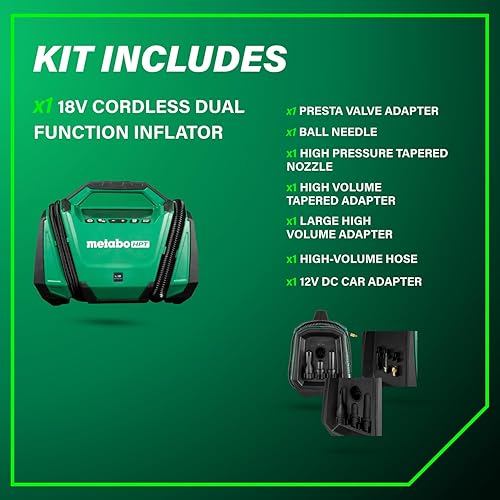 Miniatura 8 de Metabo HPT Inflador de doble función inalámbrico multivoltios de 18 V, inflador de aire portátil con modos de alta presión y alto volumen, presión