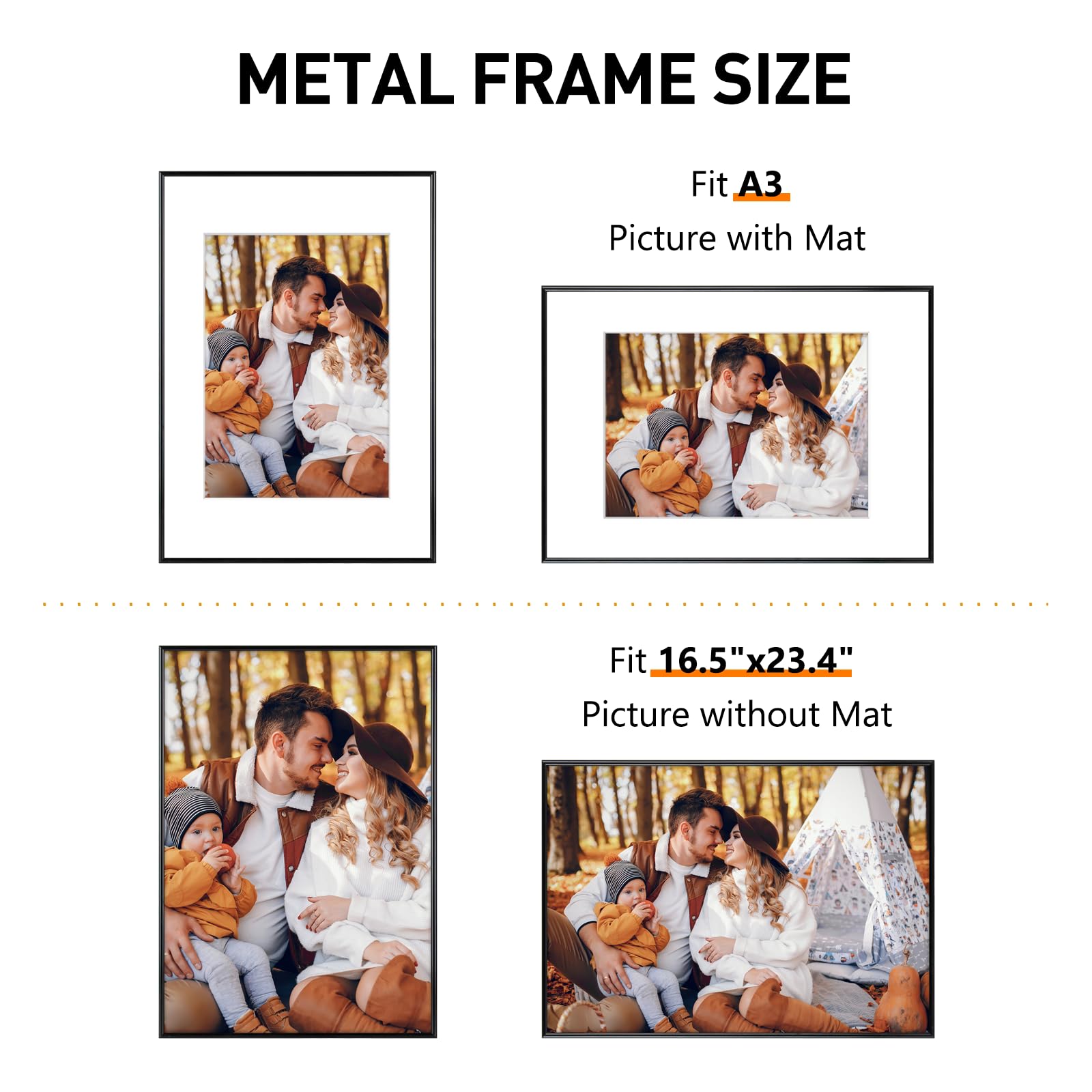 Homso A2 Rahmen in Schwarz 3er Set, Metall Dünn Board Poster Bilderrahmen mit Acryl Plexiglas für Bilder A2 mit Passepartout oder 11,7x16,5 ohne Passepartout für Horizontal und Vertikal