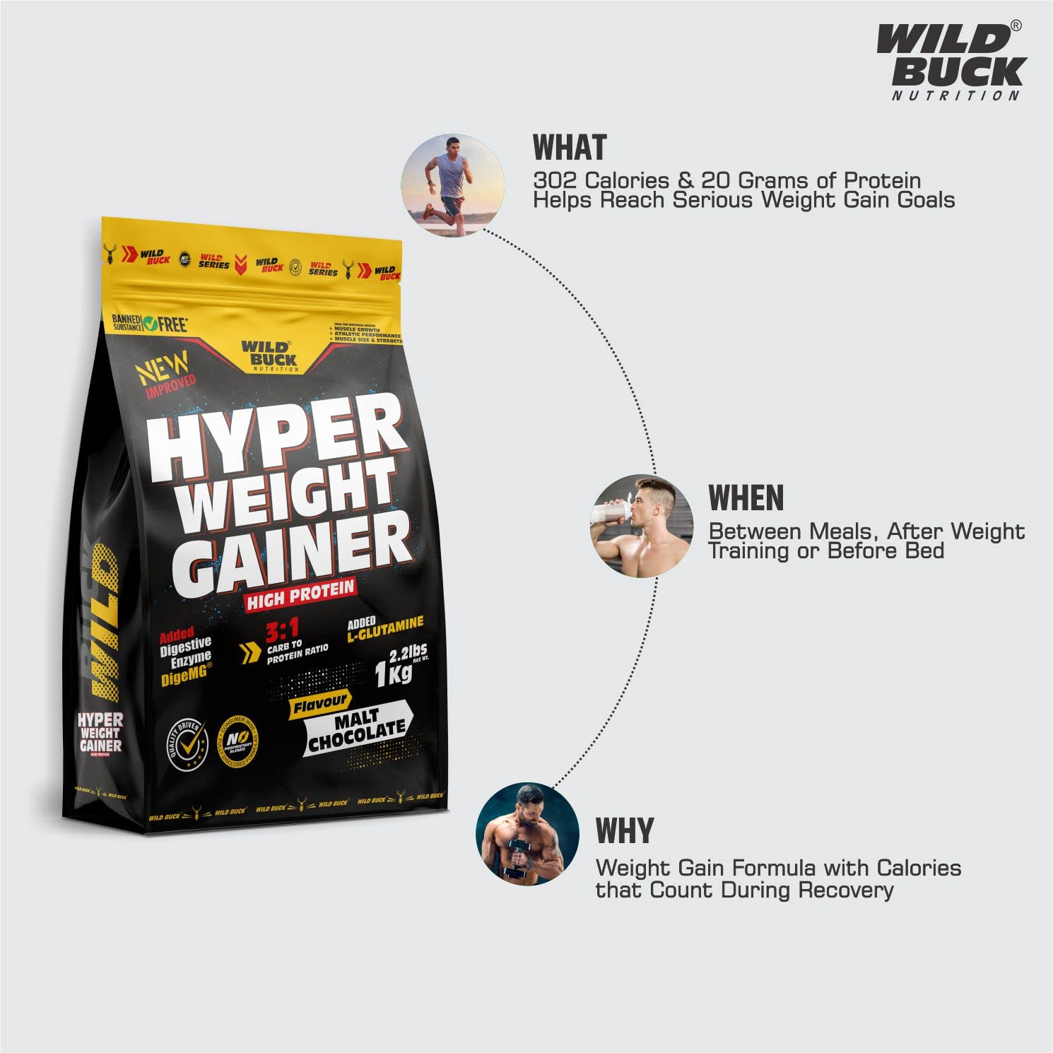 WILD BUCK Hyper Weight Gainer Powder High Protein Muscle Mass & Weight Gainer With L-Glutamine & Digestive Enzymes For Muscle Gain [Malt Chocolate, 1 Kg / 2.2 Lb], 1 count, 25 servings — Amazon image 6