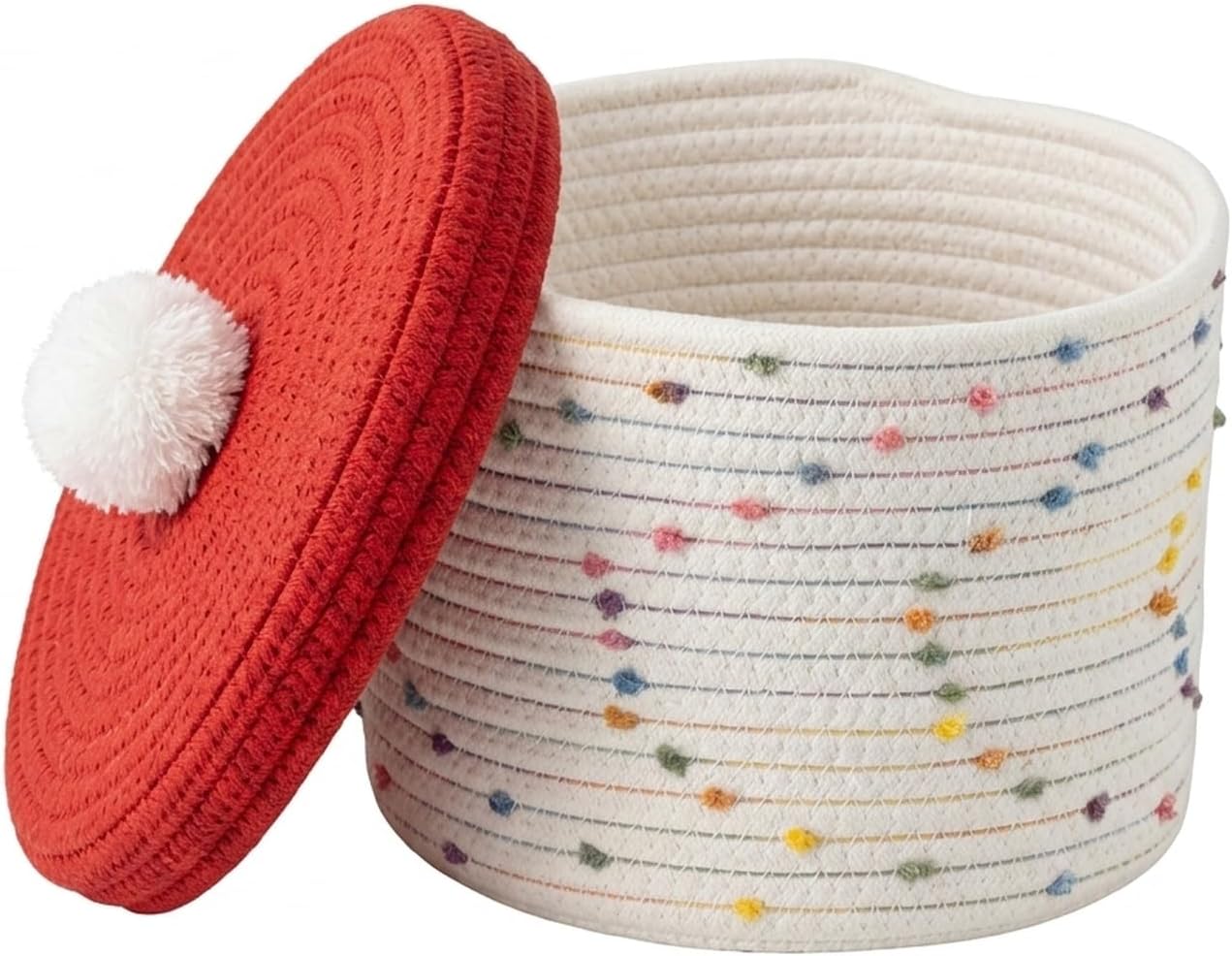 Cotton Storage Basket with Lid, White with Colorful Dots, 9.4 Inch Bin for Organizing Keys, Remotes, and Living Room Clutter (1 Pack)