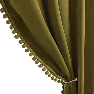Benedeco Olive Green Velvet Curtains for Bedroom Window with Pom Pom, Super Soft Luxury Drapes, Room Darkening Thermal Insulated Rod Pocket Curtain for Living Room, W52 by L90 inches, 2 Panels