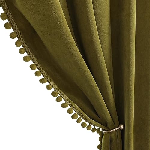 Benedeco Olive Green Velvet Curtains for Bedroom Window with Pom Pom, Super Soft Luxury Drapes, Room Darkening Thermal Insulated Rod Pocket Curtain for Living Room, W52 by L84 inches, 2 Panels