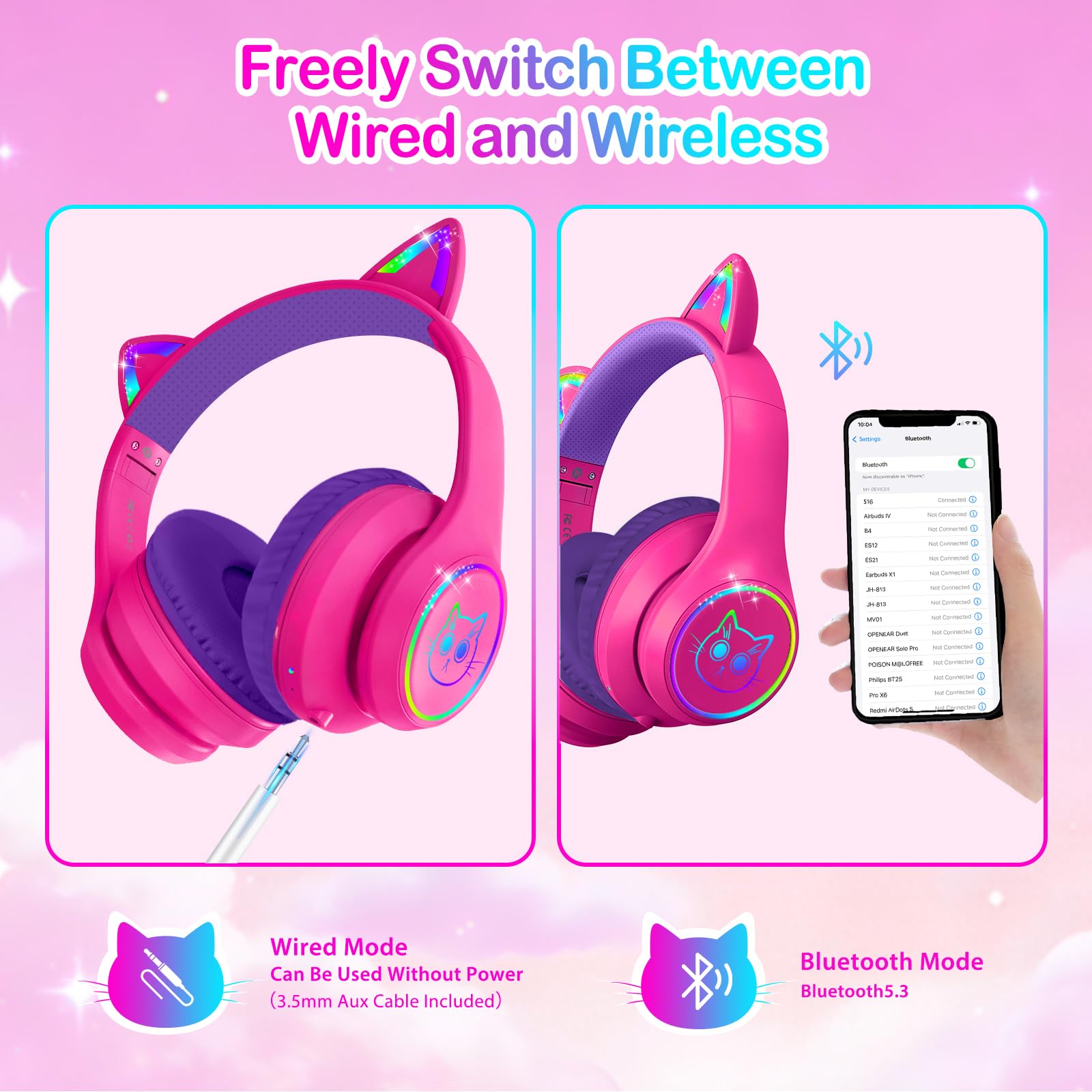 Bluetooth Kinder Kopfhörer mit Tasche, Kopfhörer Kabellos und Kabel Bluetooth für Kinder mit LED-Leuchten, Katzenohren ,Faltbar Einstellbar Over Ear Kopfhörer Kinder für Schule, Reisen (Knallpink)