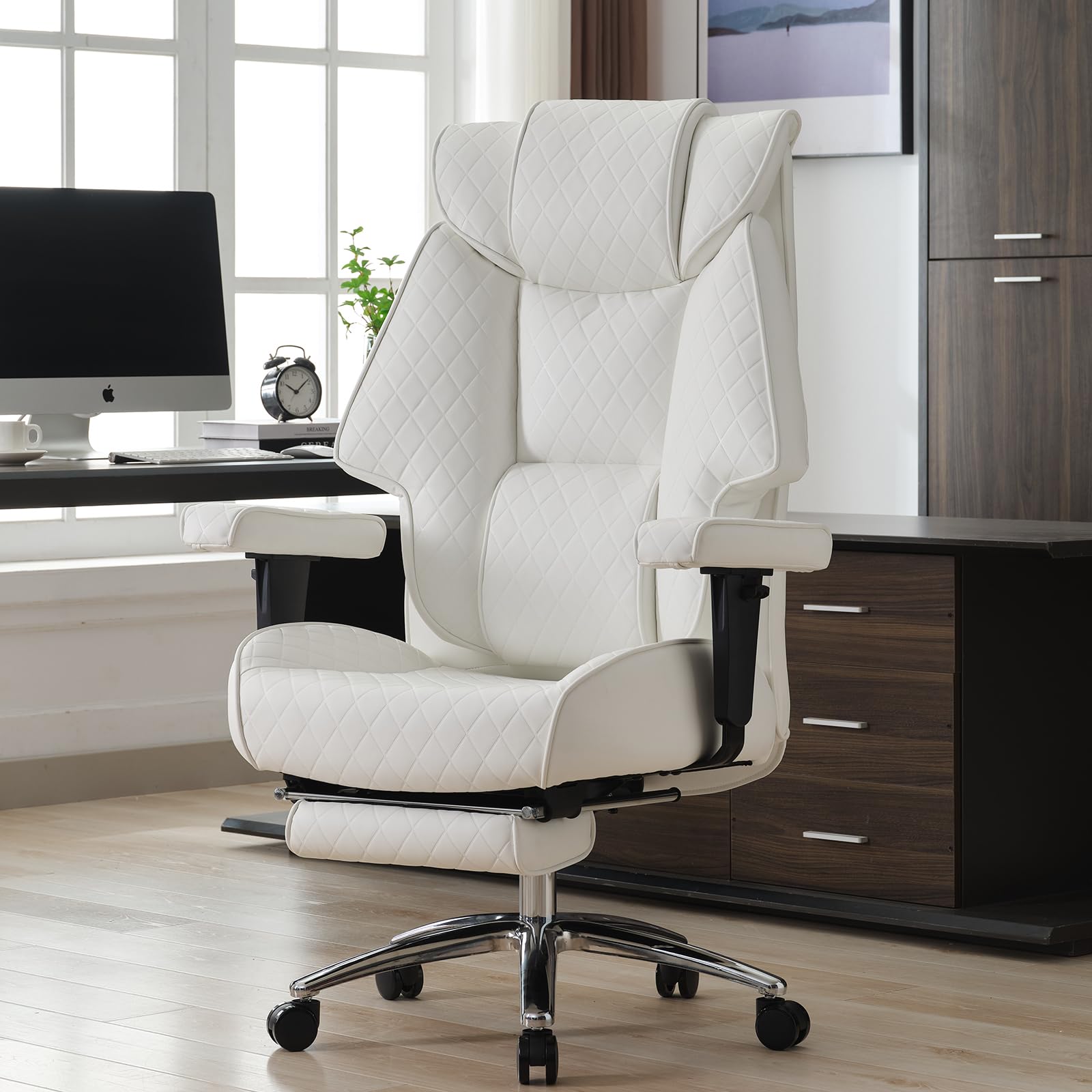 EXCEBET Big and Tall Office Chair with Footrest, PU Leather High Back Executive Office Chair 400lbs, Ergonomic Computer Chairs Lumbar Support for Heavy People (White)