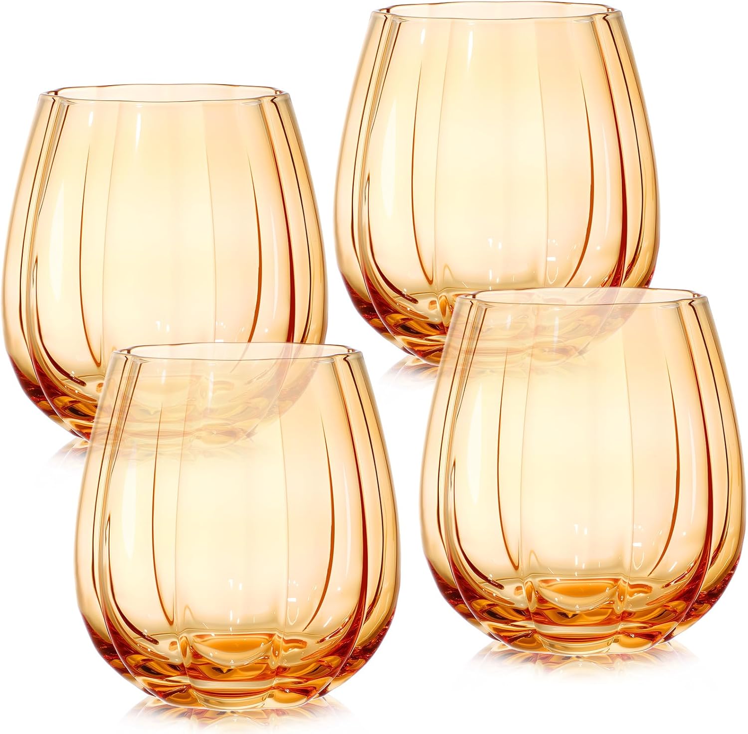 4 Pcs Fall Pumpkins Stemless Wine Glasses 17oz Wine Drinking Glass Cups Durable Vertical Ribbed Thanksgiving Halloween Pumpkin Mug for Fall Autumn Party Supplies Gifts