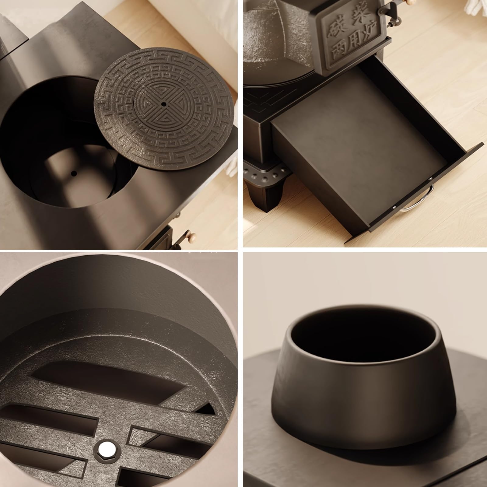 Estufa de leña para interiores con múltiples combustibles, hierro fundido con forro de horno grueso para calefacción y cocina del hogar, chimenea opcional