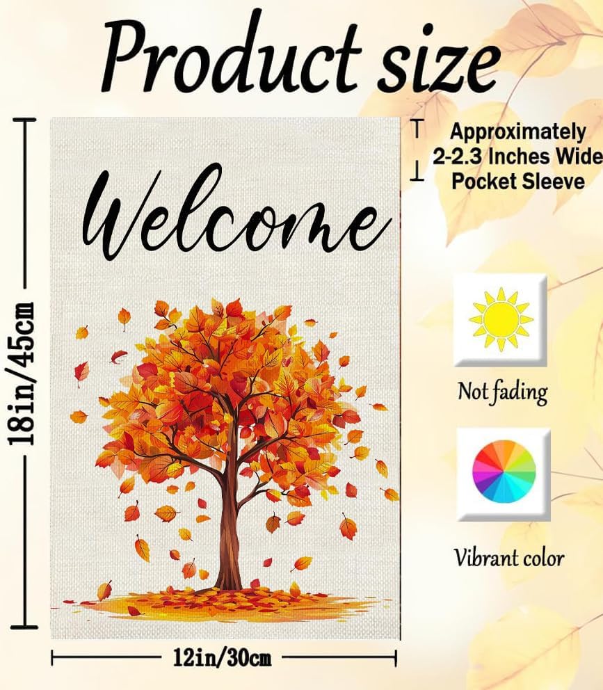 Welcome Tree Fall Garden Flag 12x18 Inch Double Sided,Maple Leaves Thanksgiving Burlap Autumn Seasonal Holiday Yard Outdoor Decor tree5 - Image 5