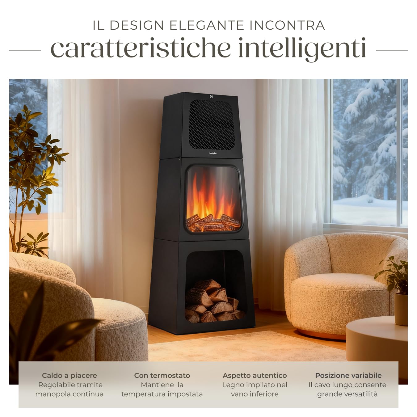tectake® Caminetto elettrico, 45 x 120 x 35 cm, Camino Elettrico da pavimento, 2 livelli di calore 900/1800 W, termostato, effetto fiamma fuoco finto 3D, riscaldamento regolabile, Stufa Elettrica