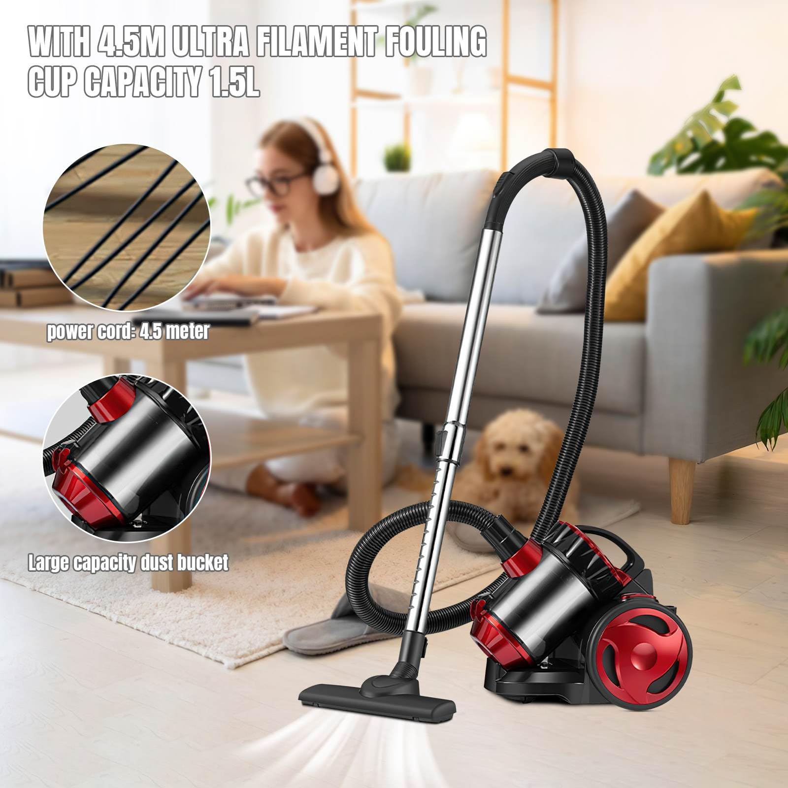 Aspirador sin bolsa, 1,5 L, aspirador escoba, 4,5 m, cable de alimentación (A) | 2000 W de filtración de alto rendimiento, silencioso, para alfombras, alfombras y suelos duros, coche, laminado y baldosas