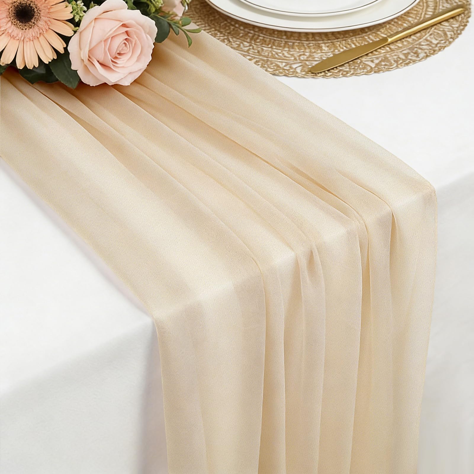 Chiffon Table Runner Light Champagne, 77 x 300 cm Soft and Comfortable Table Runner for Boho Wedding, Party, Baptism Decor, Baby Shower, Bridal Shower Kitchen Table Decoration