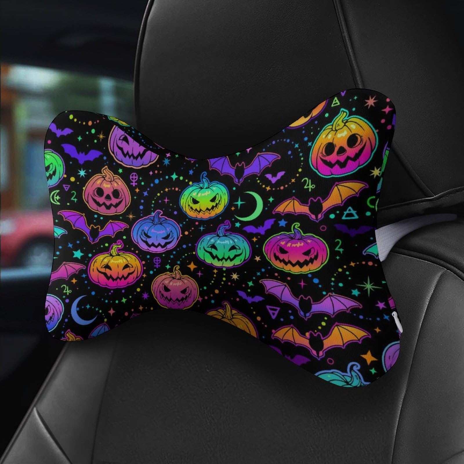 SMAZDFXX Colorful Pumpkin Head Bats Stars Halloween Car Neck Pillow Set of 2 Car Seat Head Support Cushion Bone Pillows with Elastic Strap