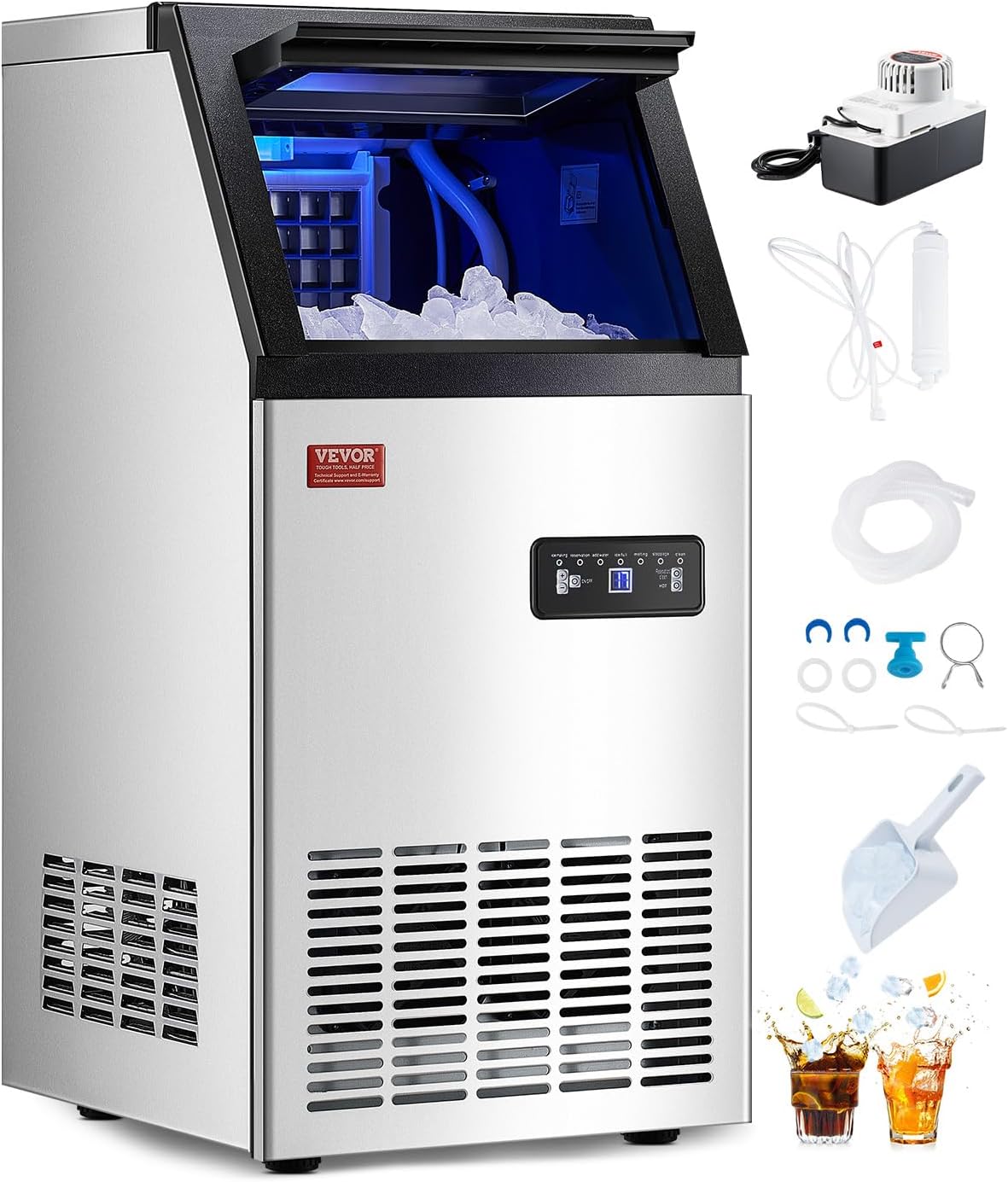VEVOR 80lbs/24H Commercial Ice Maker Machine with Drain Pump, 28lbs Storage Capacity Ice Maker, 36 Ice Cubes in 15 Minutes, LED Digital Display Freestanding Self-Cleaning for Bar Office Restaurant