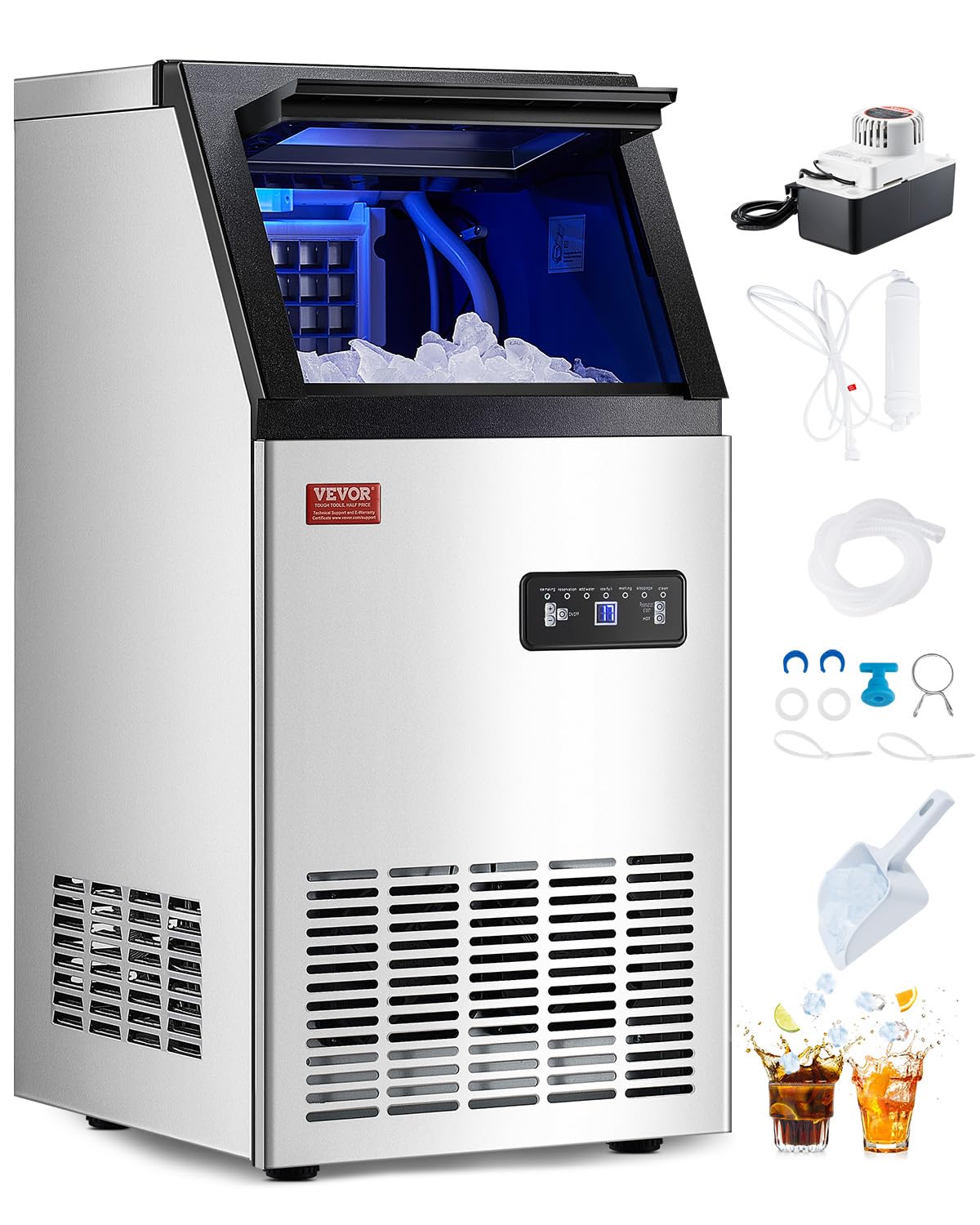 VEVOR 80lbs/24H Commercial Ice Maker Machine with Drain Pump, 28lbs Storage Capacity Ice Maker, 36 Ice Cubes in 15 Minutes, LED Digital Display Freestanding Self-Cleaning for Bar Office Restaurant