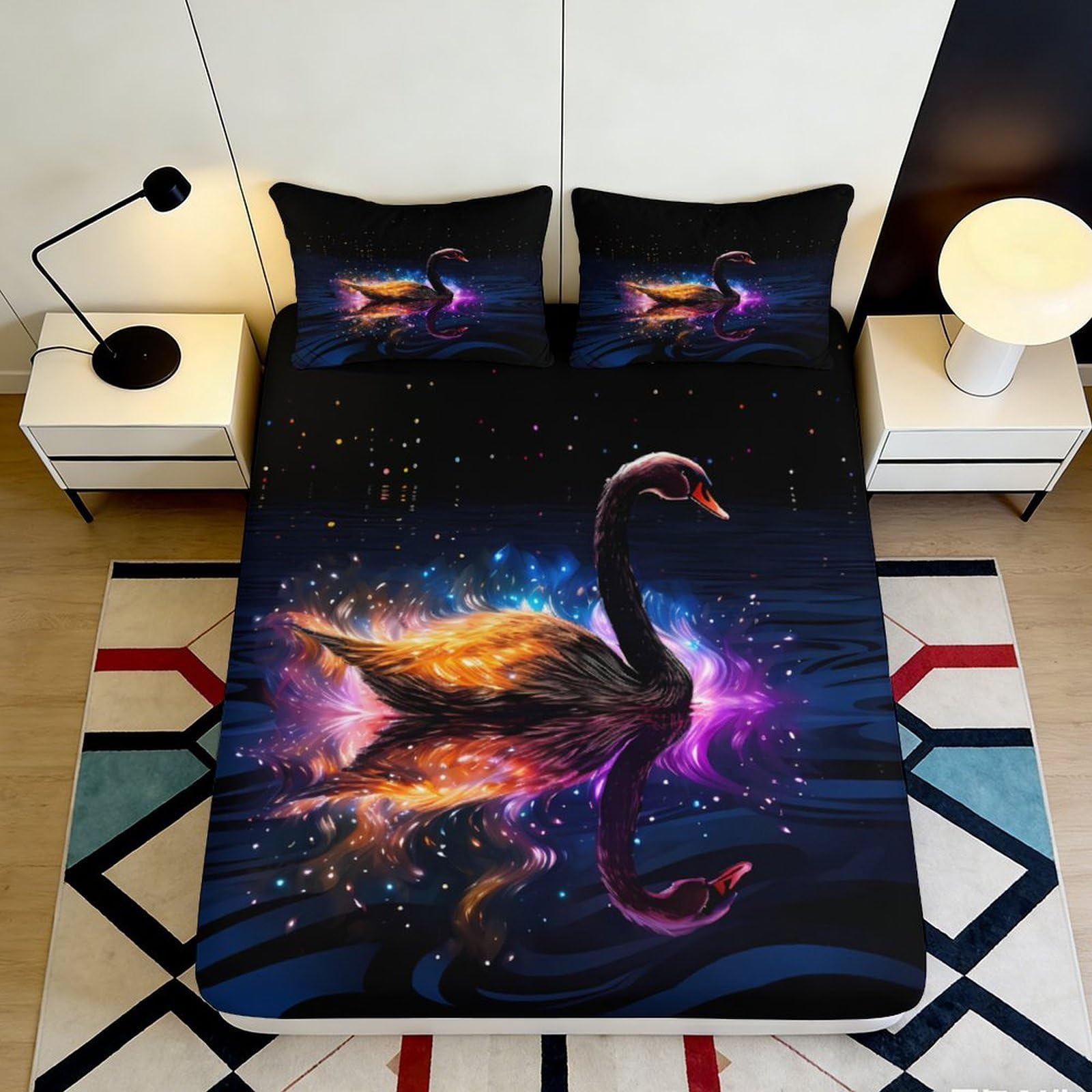 3D Printed Galaxy Black Swan Fitted Sheet Microfiber Soft Breathable Cosmic Reflection Mattress Cover for Bedroom Dormitory Guest Room Protection Decor 180x200x25cm