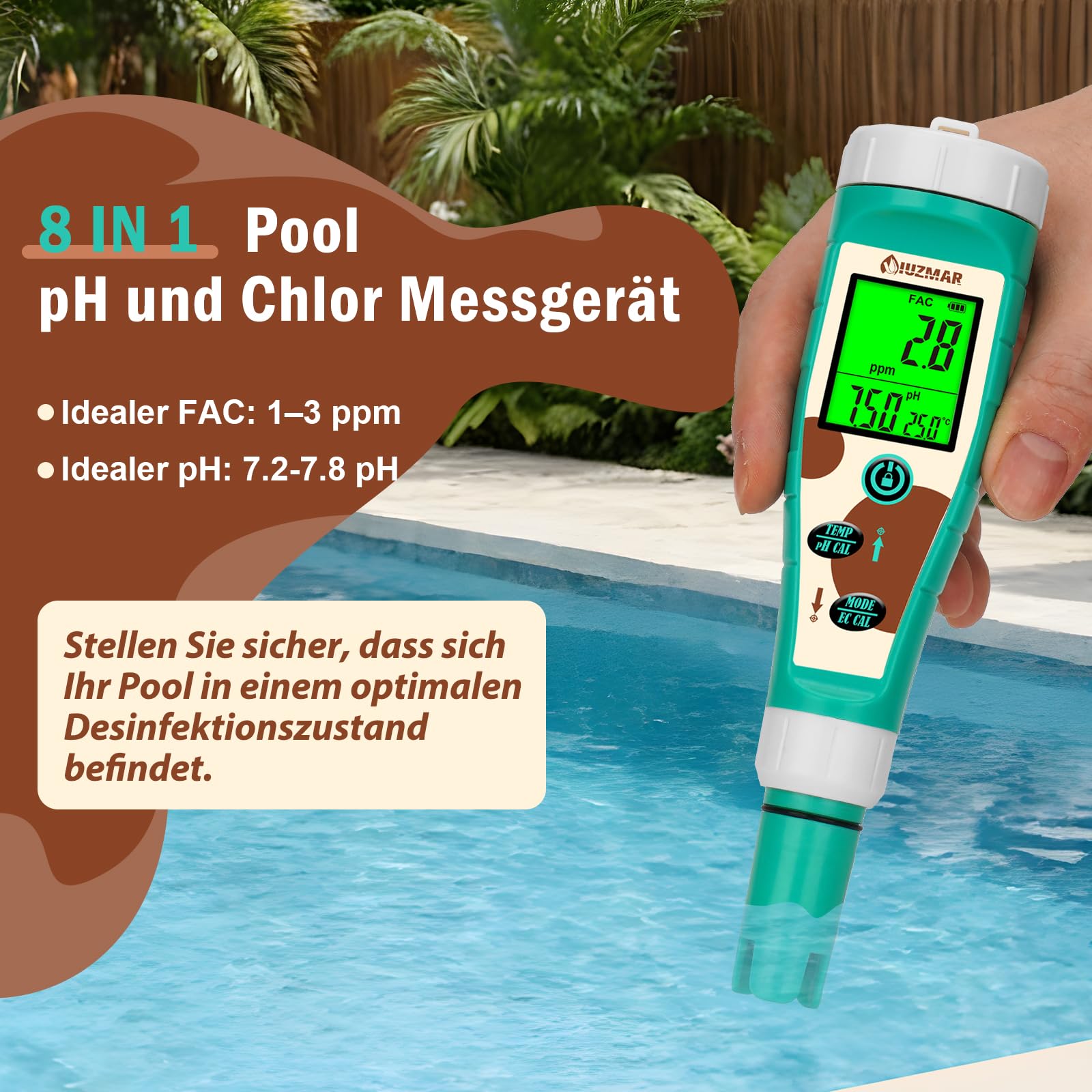 UIUZMAR Pool pH Chlor Salzgehalt Messgerät, Wasserstoff PPM ORP Messgerät für Trinkwasser, 8-in-1 Wassertester mit gleichzeitiger Anzeige von pH Salz Chlor H2 ORP EC TDS Temp für Hydrokultur, Spas