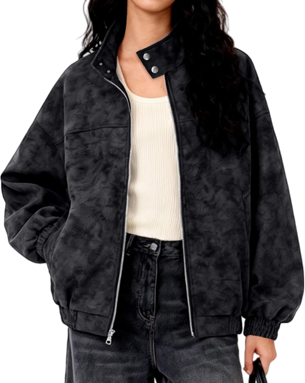 Bakyarder Unisex Vintage Dyed PU Leather Jacket Stand Collar Oversized Moto Coat Zip Up Outerwear for Fall Winter Streetwear